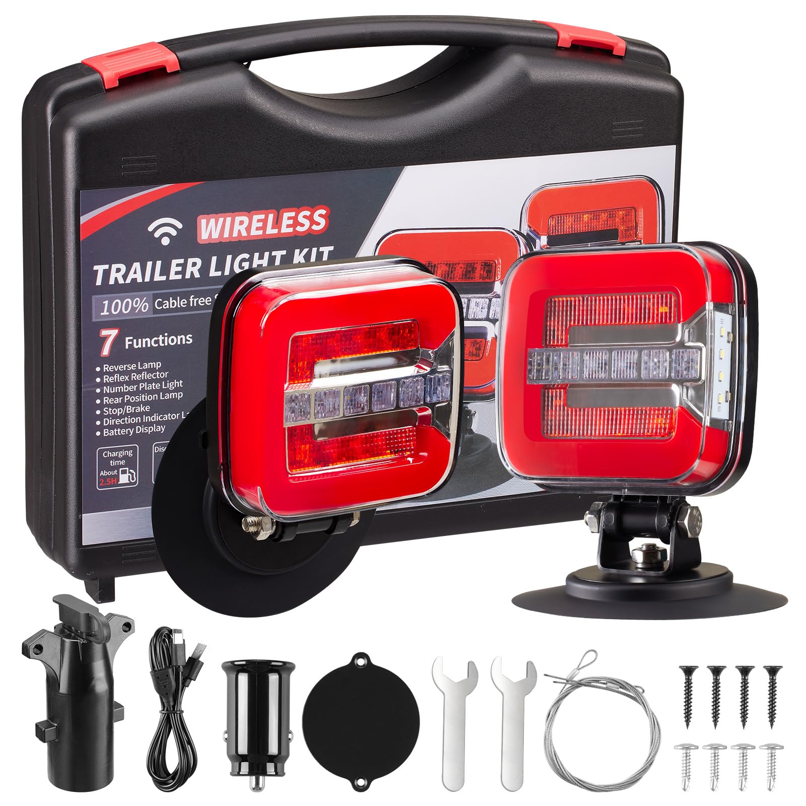 XYLOKTH USB-C Wireless Trailer Lights Kit, IP67 Waterproof, Magnetic LED, for Towing, Tail, Brake, Turn Signal, C-Type, Model XYL-T0102