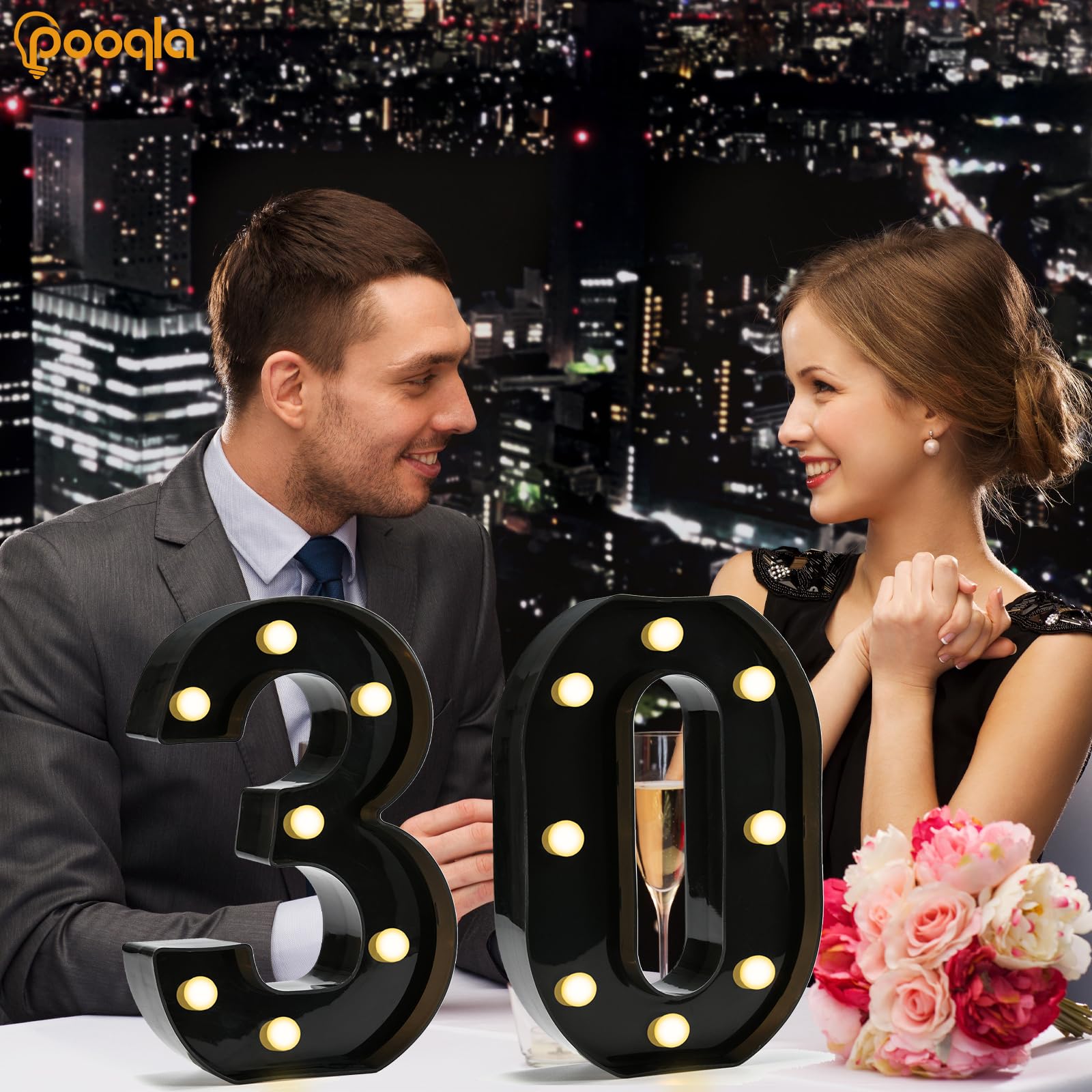 Pooqla Decorative Led Light Up Number Letters, Black Plastic Marquee Number Lights Sign For 30Th Birthday Party Wedding Decor Battery Operated Black Number 30
