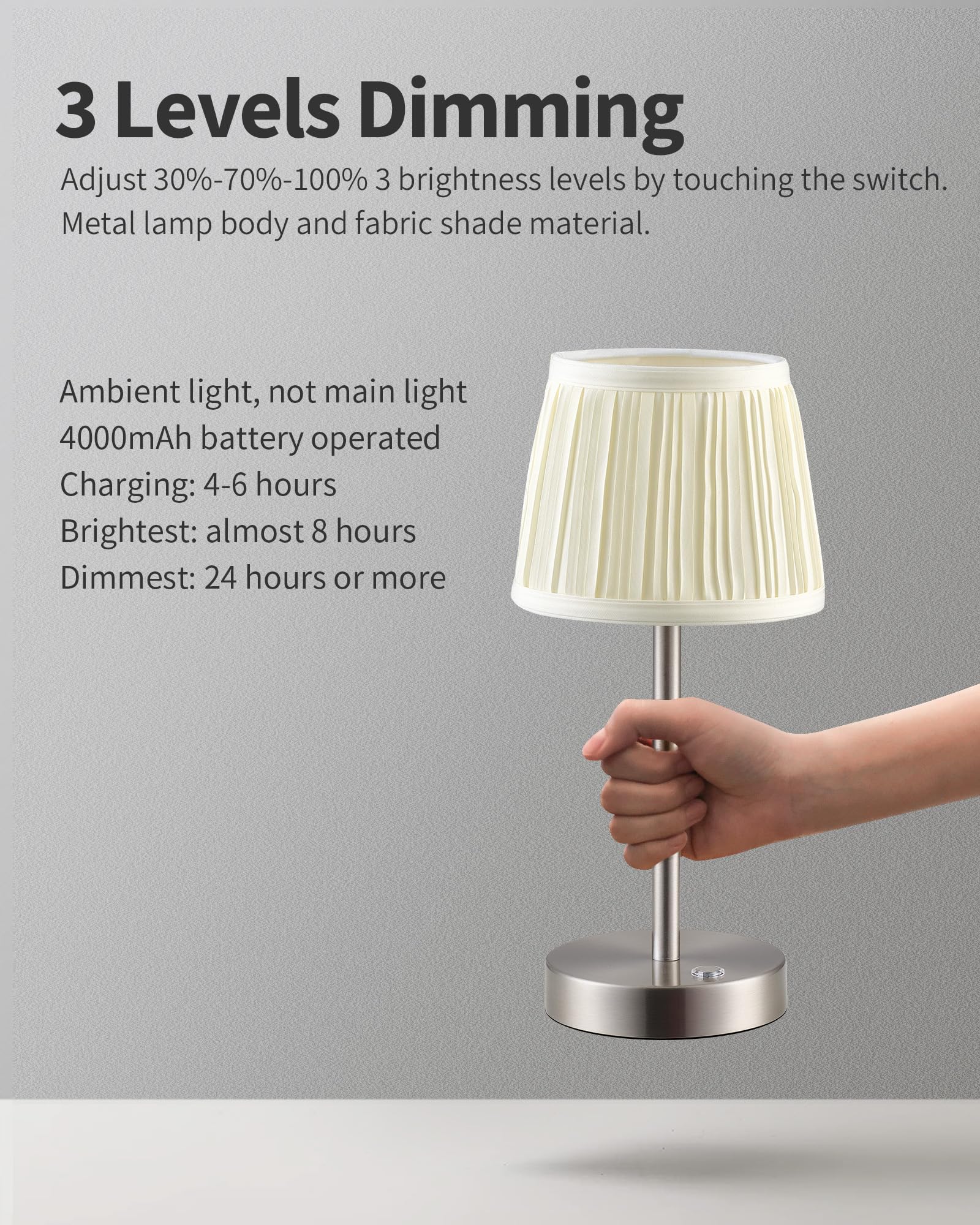 Pusu 2 Pack Cordless Led Nickel Table Lamps  Rechargeable 4000Mah 3 Way Dimmable Bedside Small Lamp With Fabric Shade  Lighting For Bedroom  Kids Room  Bathroom  Kitchen  Decor  Gift  Night Light