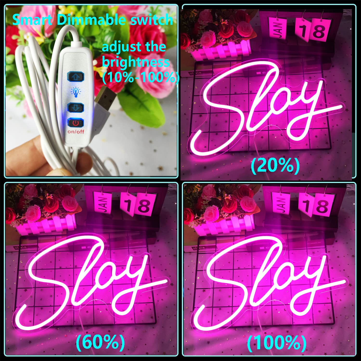 GMMLLG Neon LED Light Sign - Dimmable Wall Decor, 15.7inx9.4in, Strong Transparent Acrylic, Pink