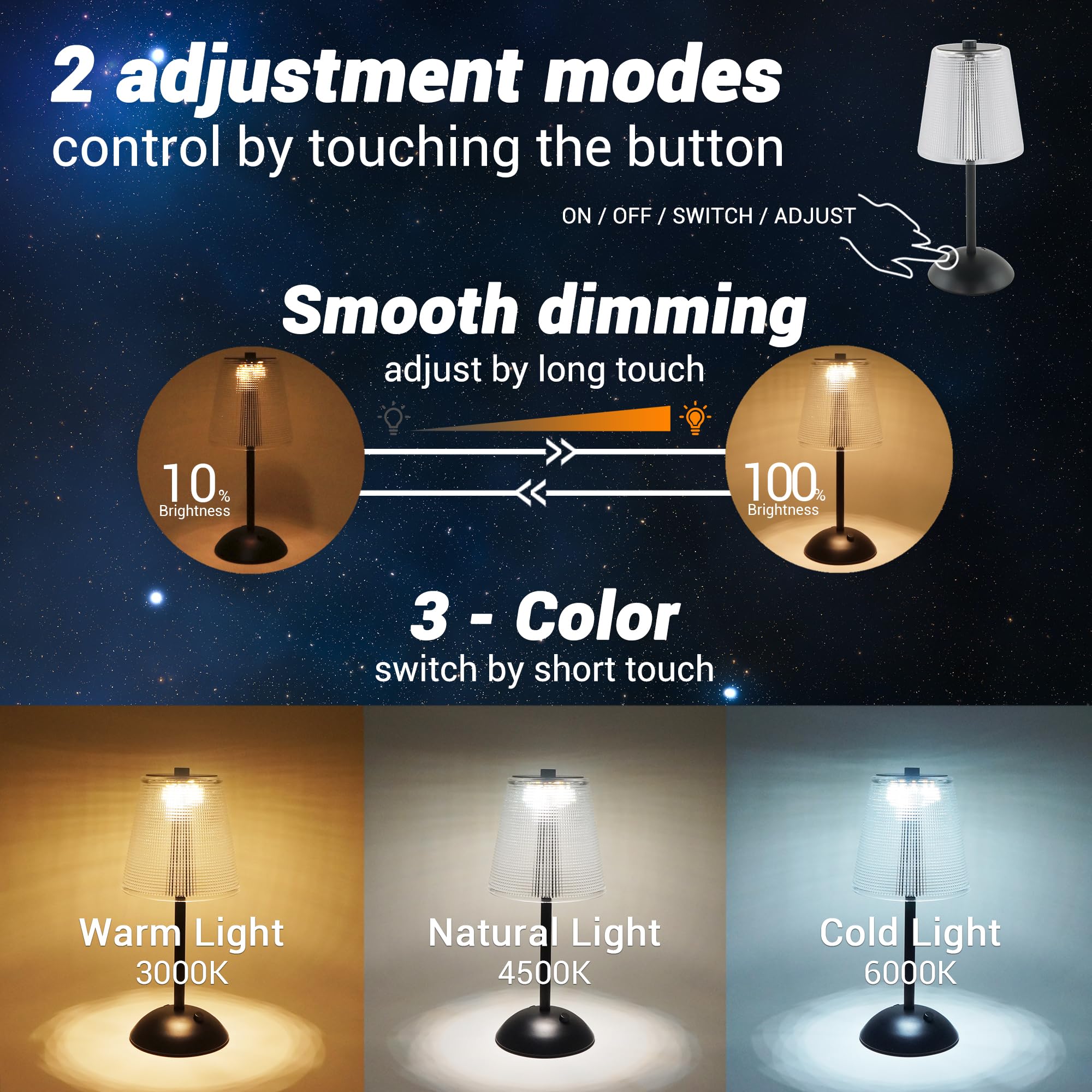 Amingulry Cordless Rechargeable Table Lamp, 3 Color Modes, Dimmable Led, Black Metal
