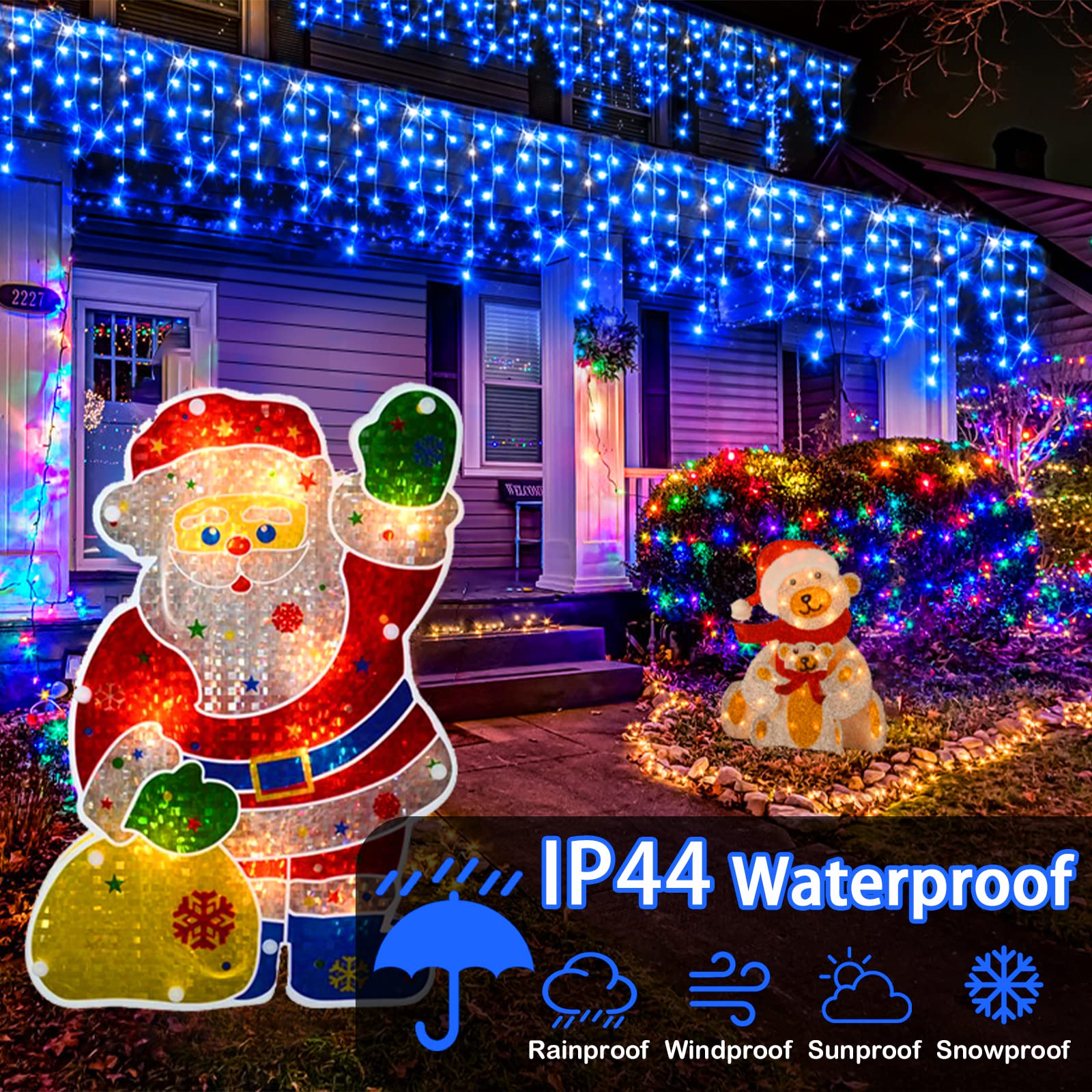 Heceltt Christmas Lights Outdoor, 164FT 1600 LED Blue Ice Lights, 320 Drops, 8 Modes, IP44 Waterproof