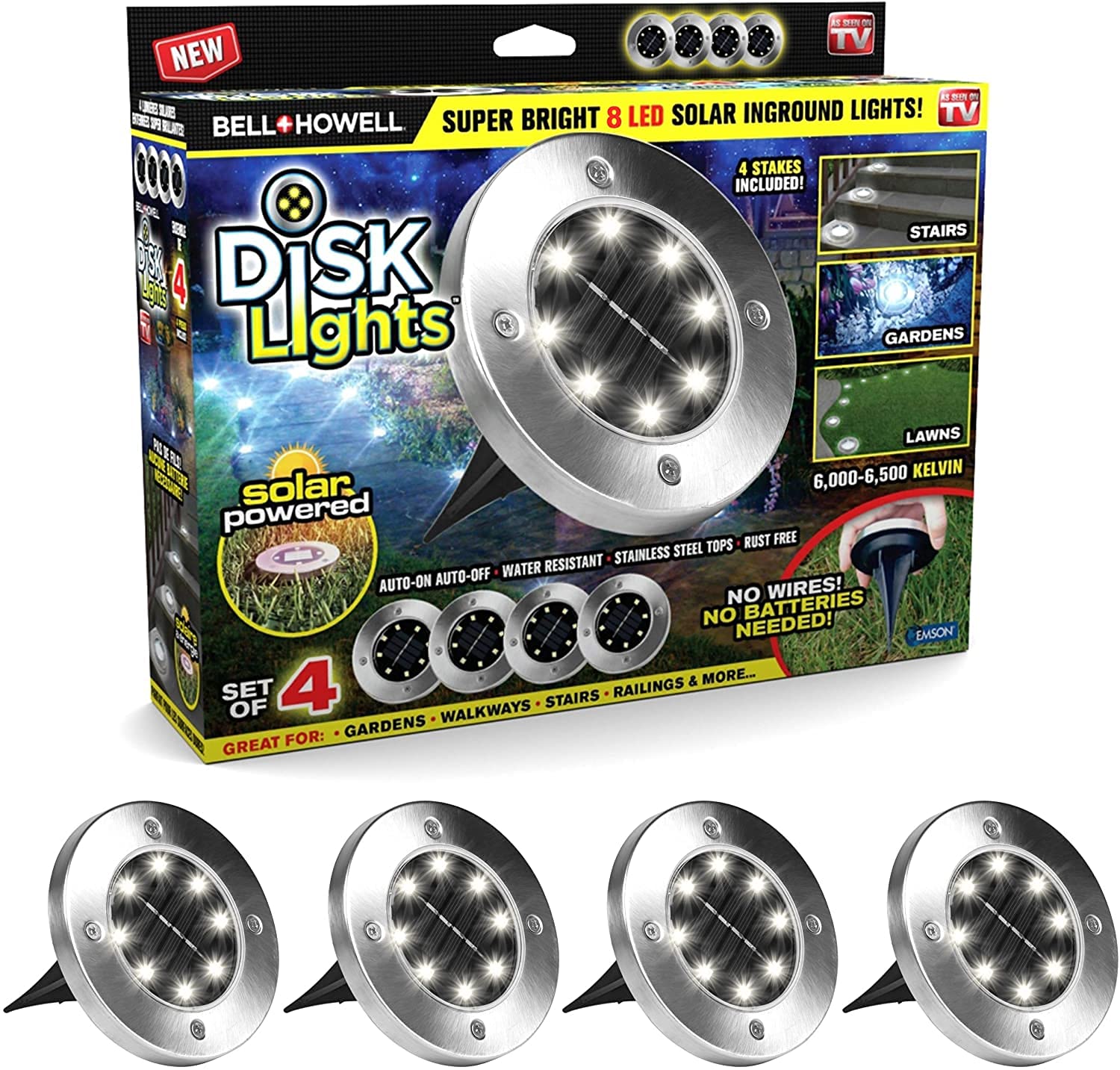 Bell+Howell Solar-Powered Disk Lights, 8-LED Bulbs, Waterproof, Set of 4, Silver, Model 2016