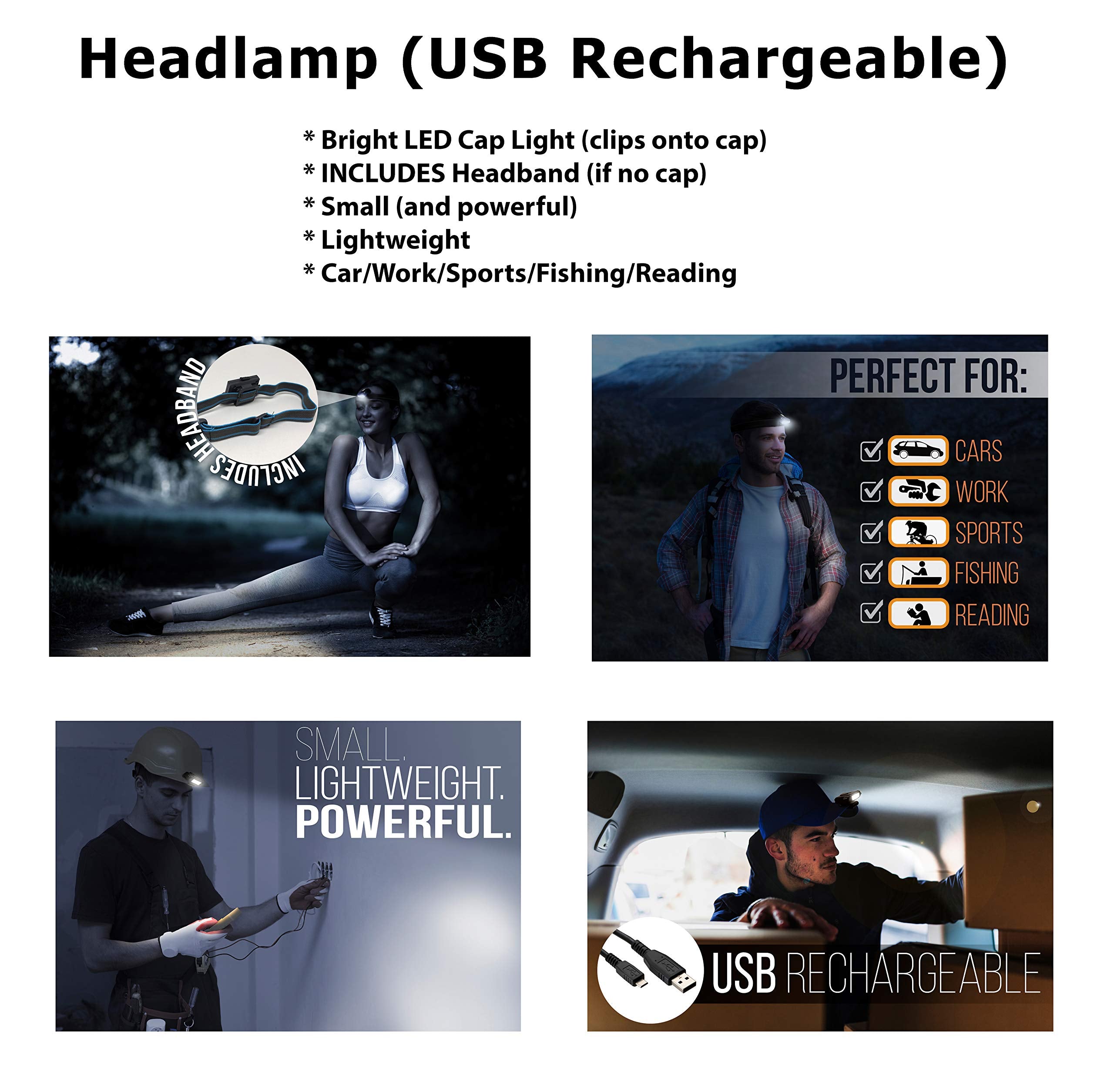 Rechargeable Headlamps for Camping Hiking - LED Hard Hat Light - Lightweight Running Headlamp - Best Head Lamp for Kids - USB Li