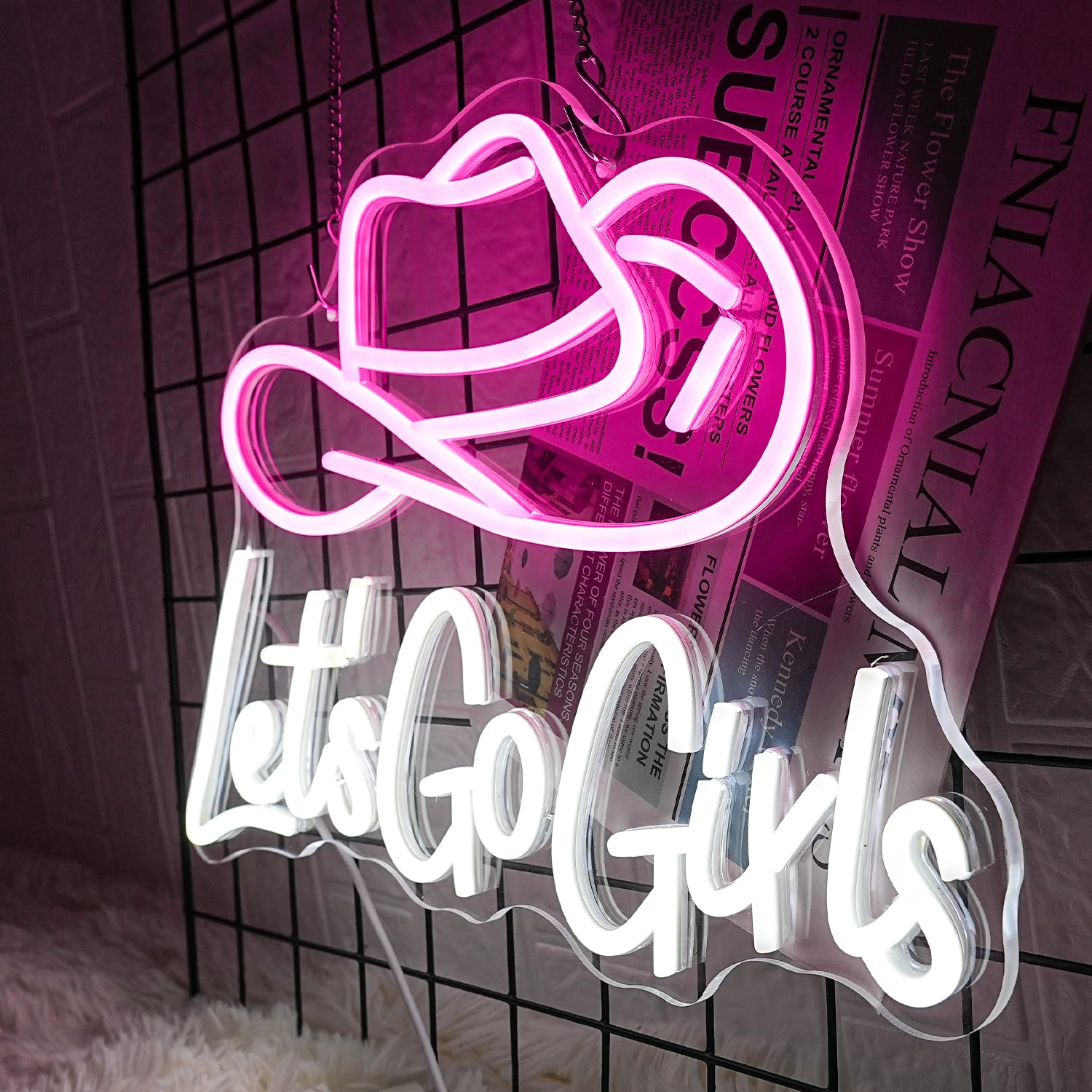 LMSIGNLY Neon Sign - Lets Go Girls Cowboy Hat LED Light, Dimmable, USB Powered, Pink & White for Wall Decor