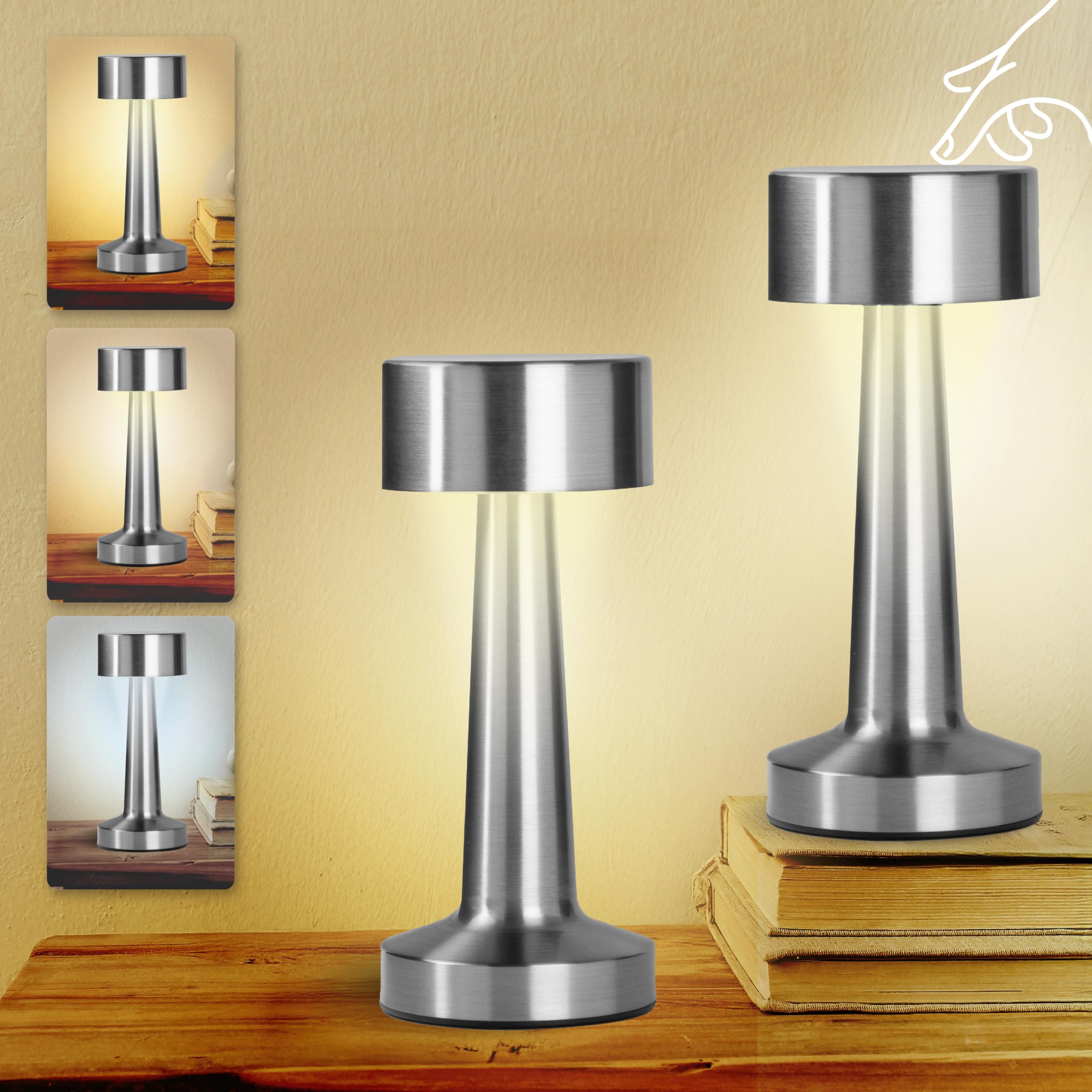Bell+Howell Cordless Table Lamp, LED Rechargeable, Silver, Model 6437, Ideal for Bedroom, Desk, Kitchen, 3 Light Colors