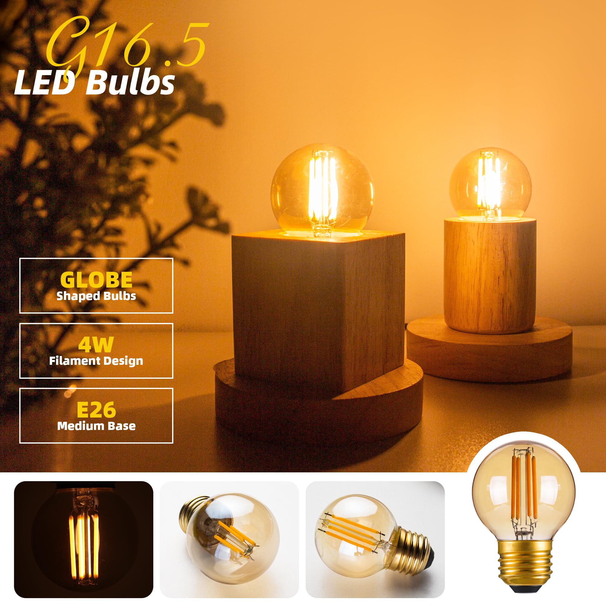 Genixgreen Dimmable E26 Amber LED Bulb 4W G16.5 Vintage Globe 2 Pack Soft White 2200K