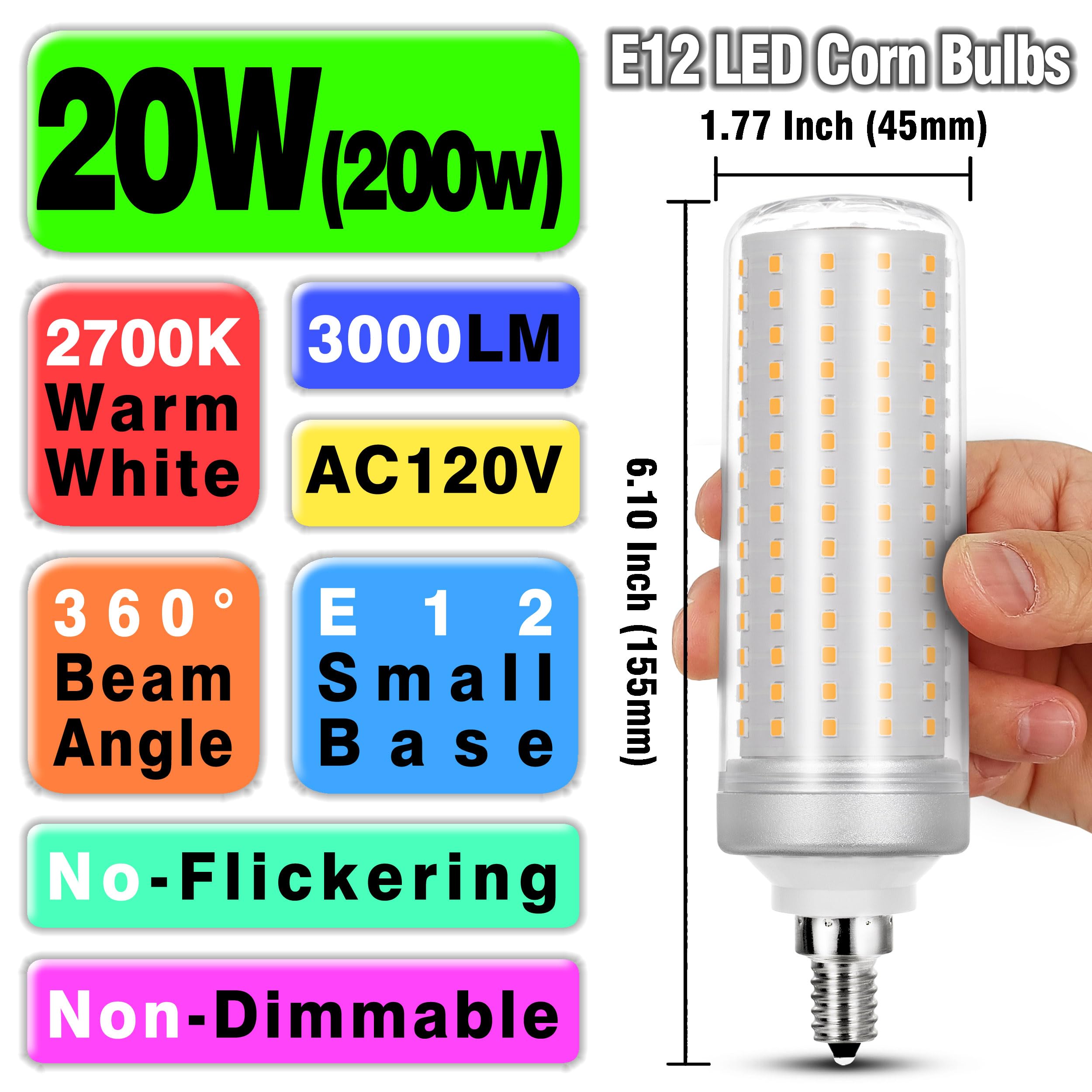 Big Size 1.77X 6.1 Inch, E12 200W Led Candelabra Bulbs C7 Replacement,2700K Warm White,3000 Lumen T6 E12 20W Led Chandelier Ligh