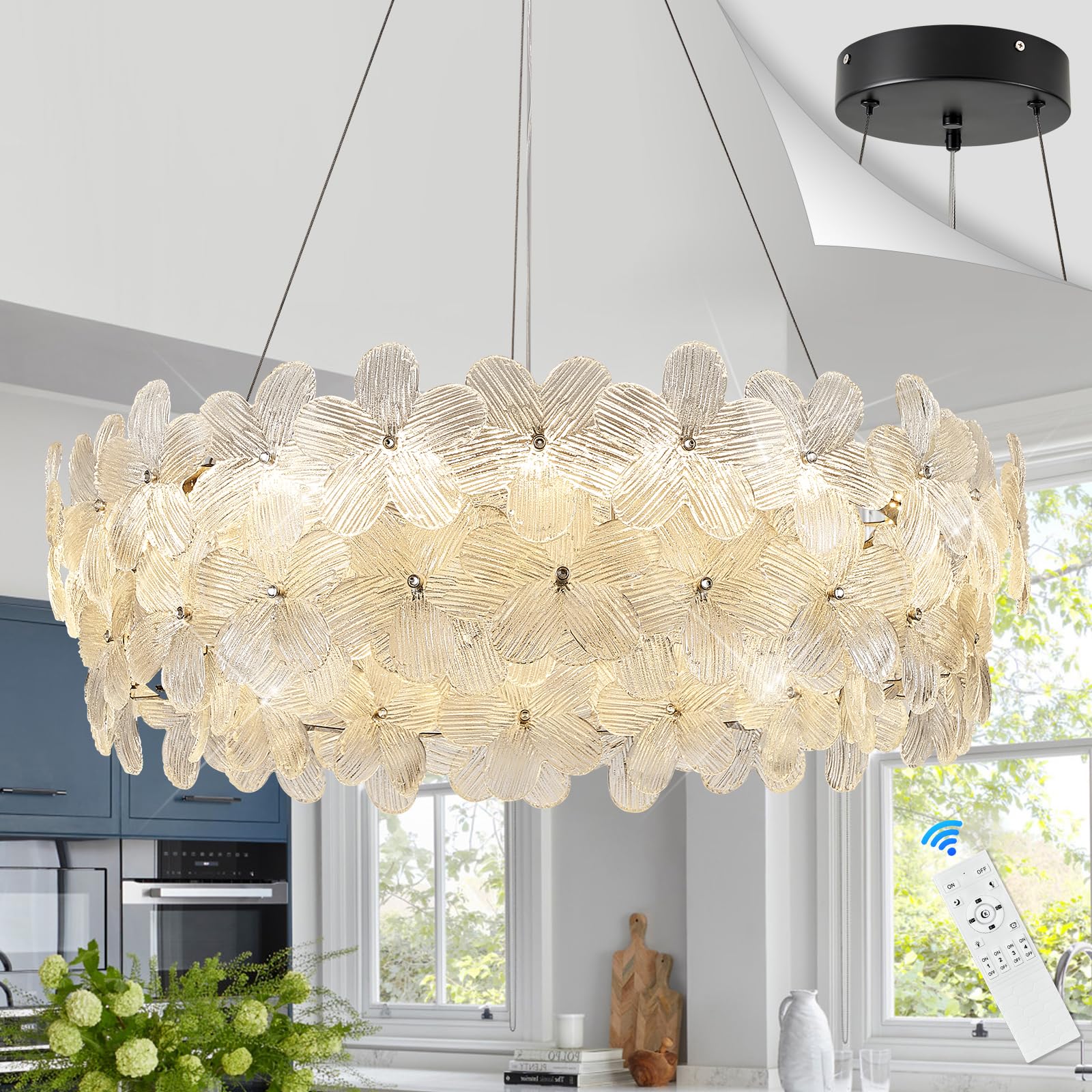 Poemoon 32'' Modern LED Crystal Chandelier Large Flower Light Fixture Black Dimmable 3000-6500K Contemporary Chandeliers with Re