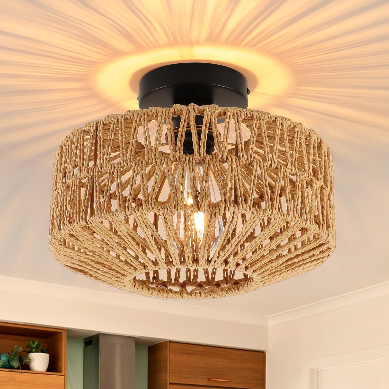 foucasal Boho Light Fixtures Ceiling Mount, Mini Boho Rattan Chandelier, Woven Flush Mount Ceiling Light Fixture for Hallway Bed