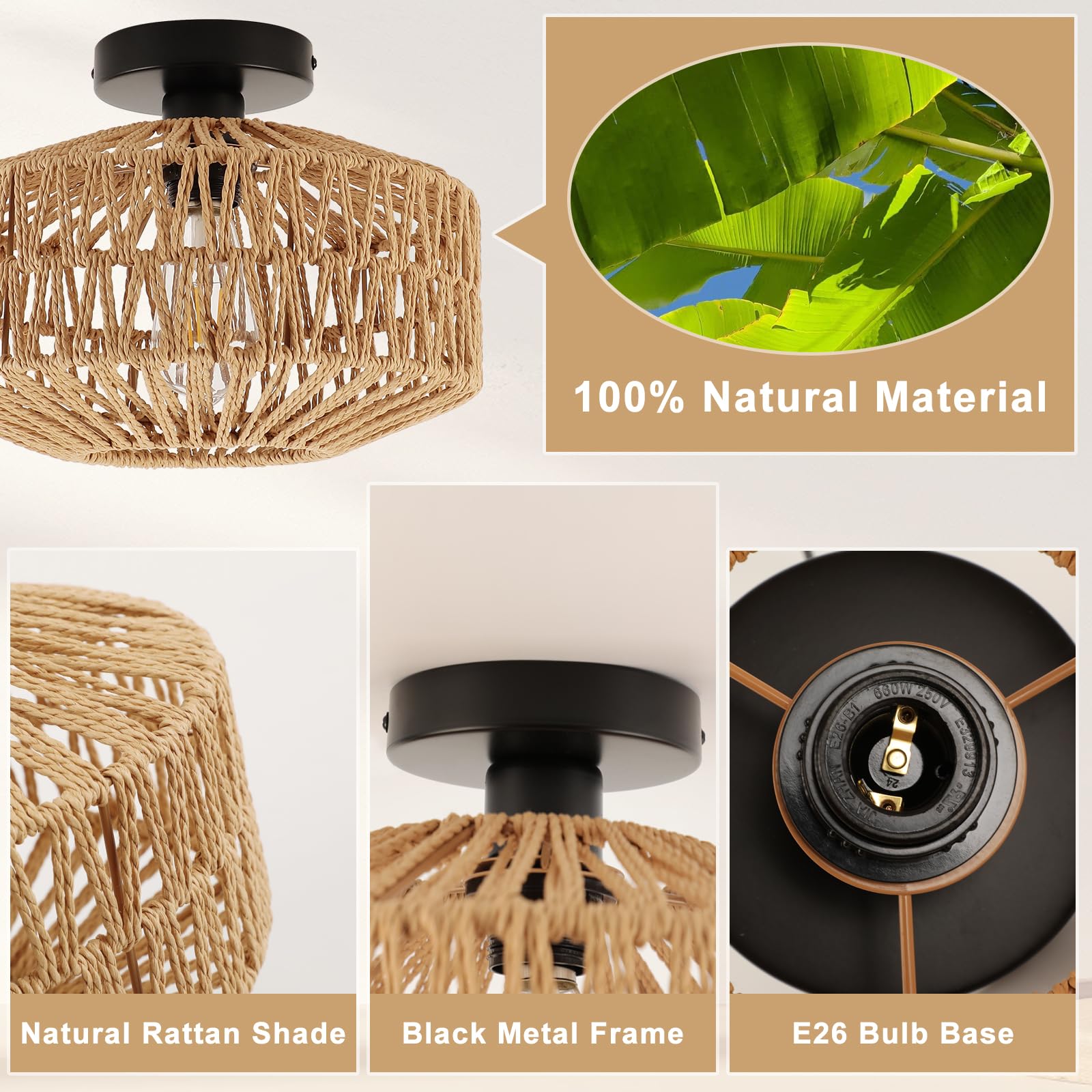 Foucasal Boho Light Fixtures Ceiling Mount, Mini Boho Rattan Chandelier, Woven Flush Mount Ceiling Light Fixture For Hallway Bed
