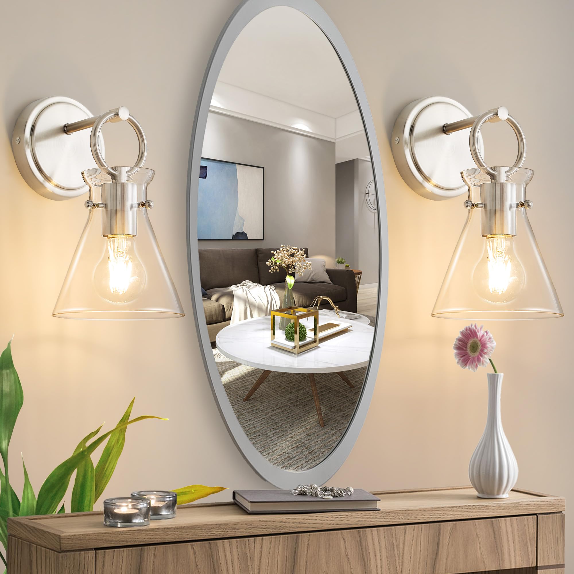 Gednbo Modern Wall Sconces 2 Pack, Brushed Nickel, Metal, Hardwired, 6 Inch Clear Glass Shade for Bathroom, Bedroom, Living Room