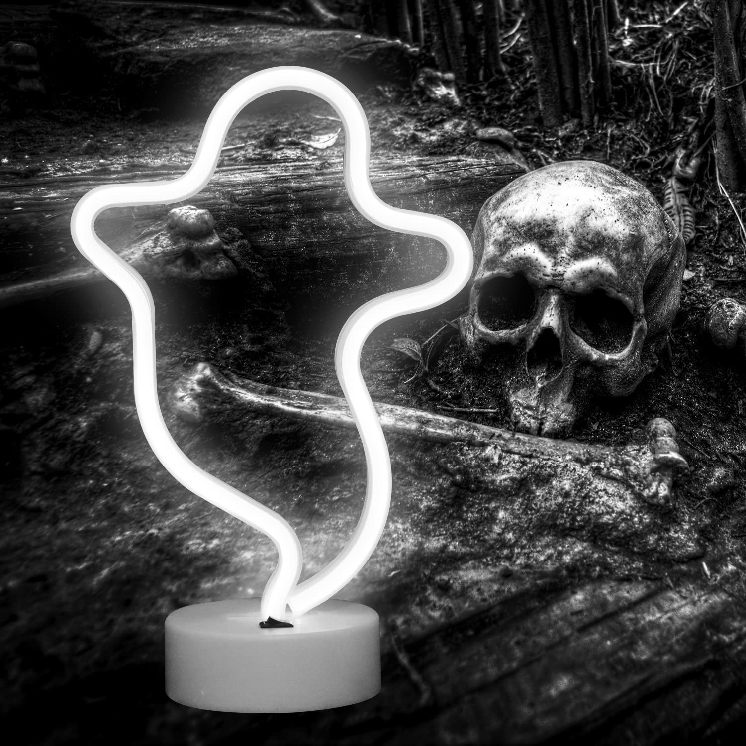 Vicila Ghost Neon Light Sign, LED Halloween Decoration, White, Plastic, with Holder Base