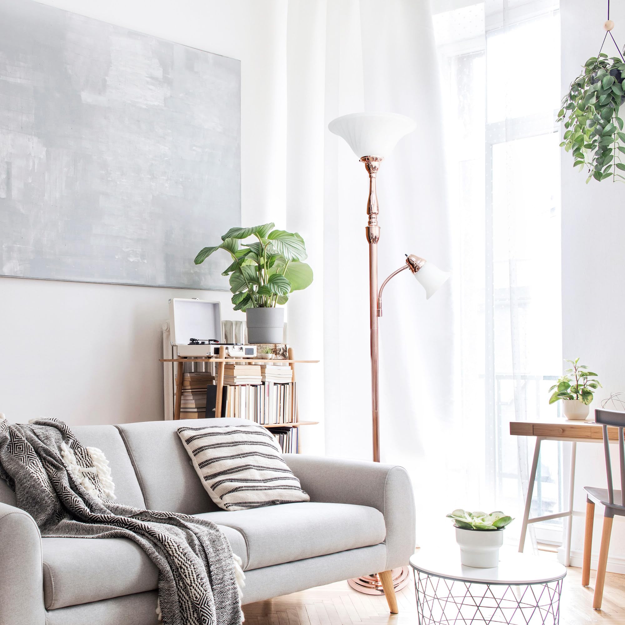 Elegant Designs LF2003-RGD 2 Light Mother Daughter White Marble Glass Floor Lamp  Rose Gold