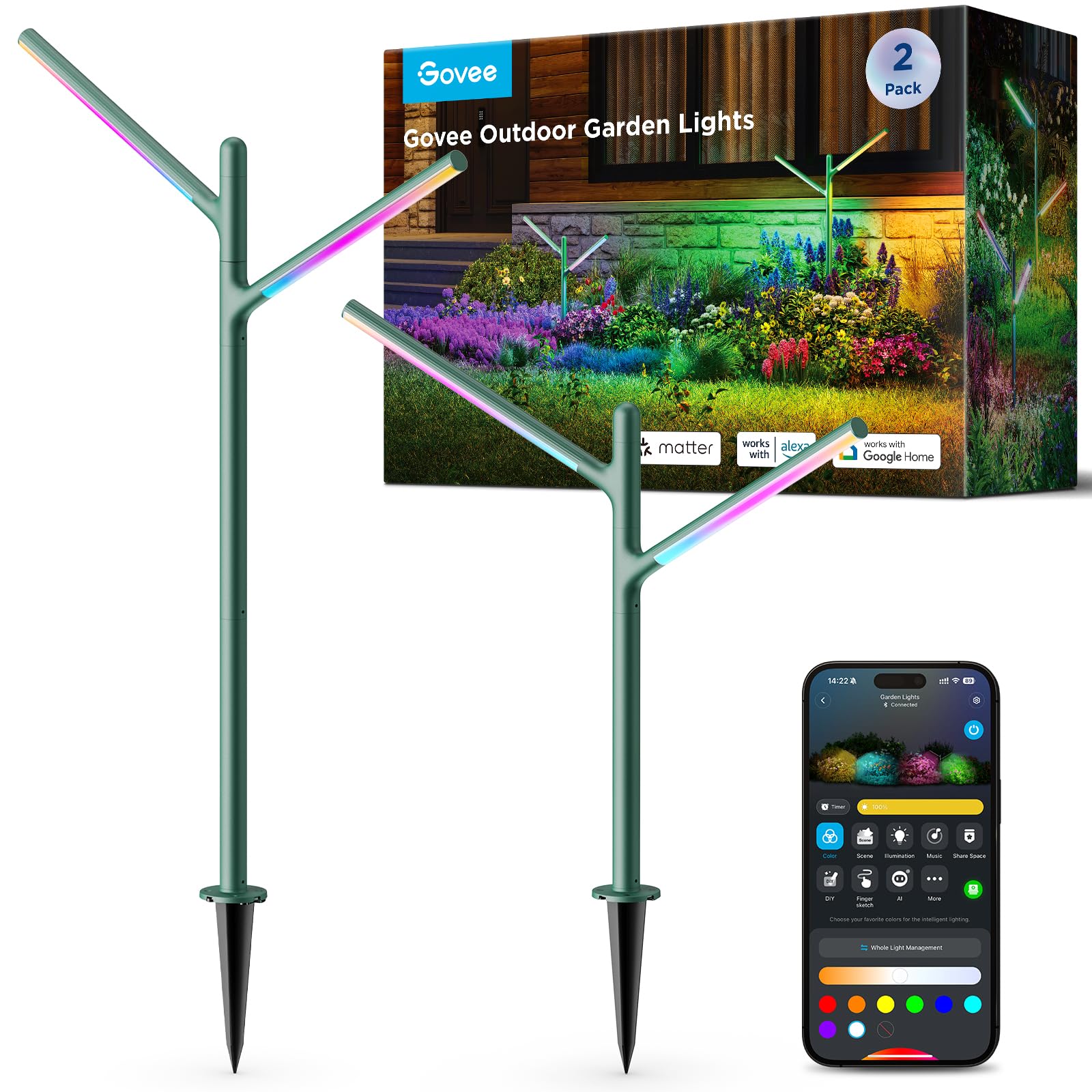 Govee Outdoor Garden Lights 2 Pack  RGBWWIC IP66 Waterproof Pathway Lights  16 Million Colors  64 Scenes for Outdoor Decor  Patio  Landscape Lighting  Compatible with Alexa  Google Assistant  Matter