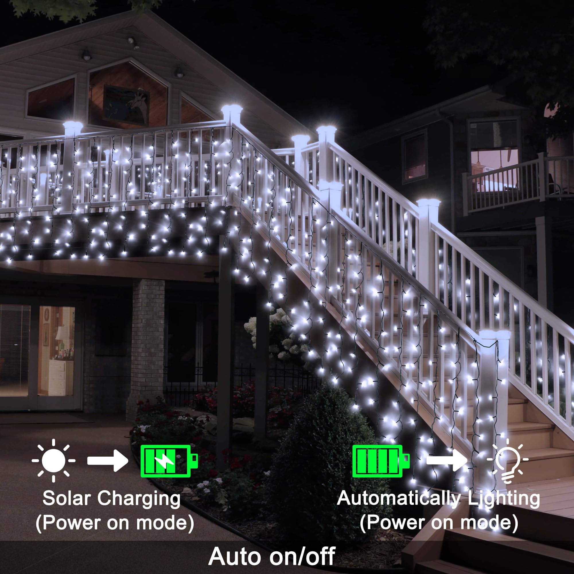 Echosari Solar Powered Curtain Lights 33Ftx 3Ft 500 Led Outdoor Curtain Lights Waterproof With Timer 8 Modes For Christmas Garde