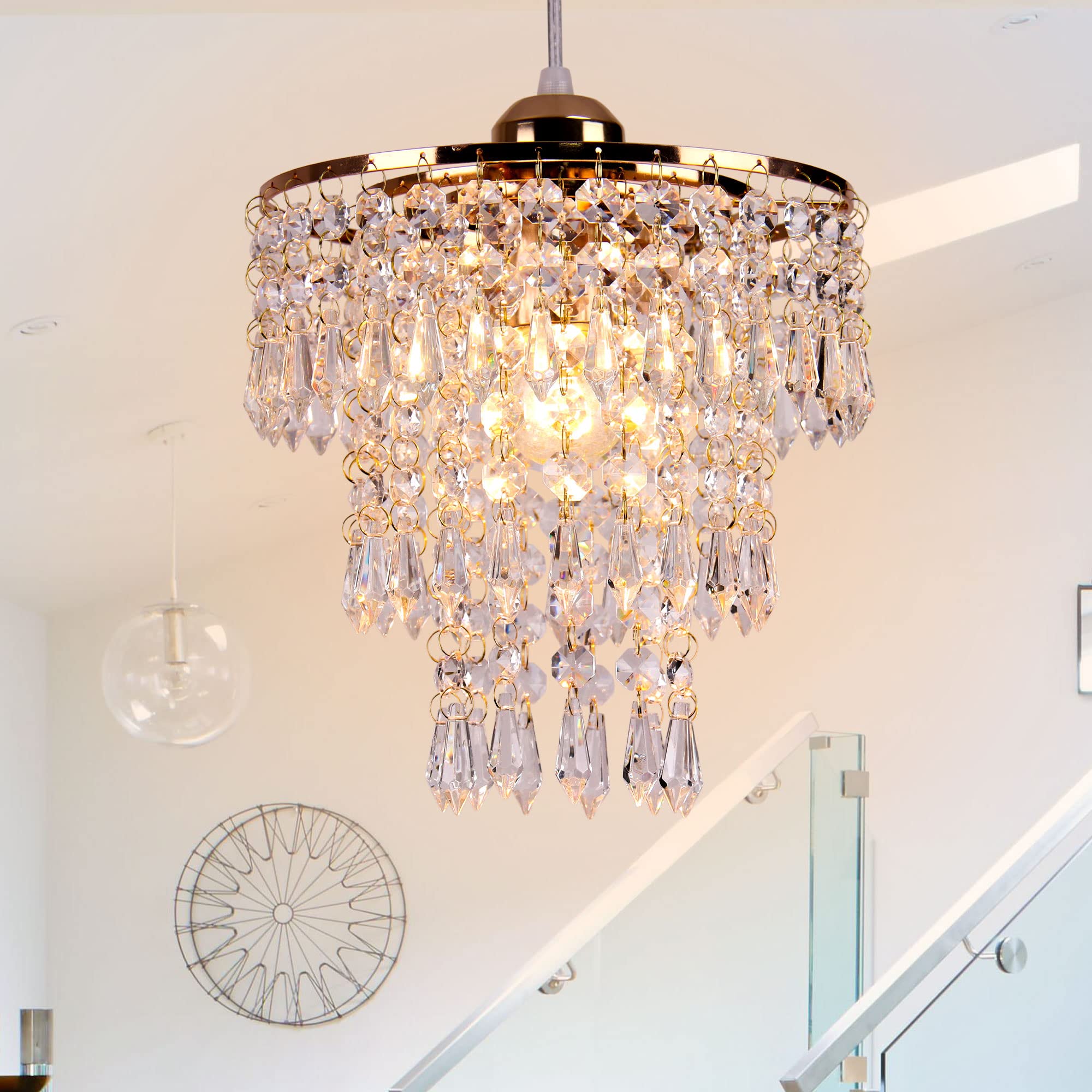 FRIXCHUR Small Gold Chandeliers Flush Mount Raindrop Crystal Light Fixture H48in  Stainless Steel for Bedroom, Dining Room, Kids Room