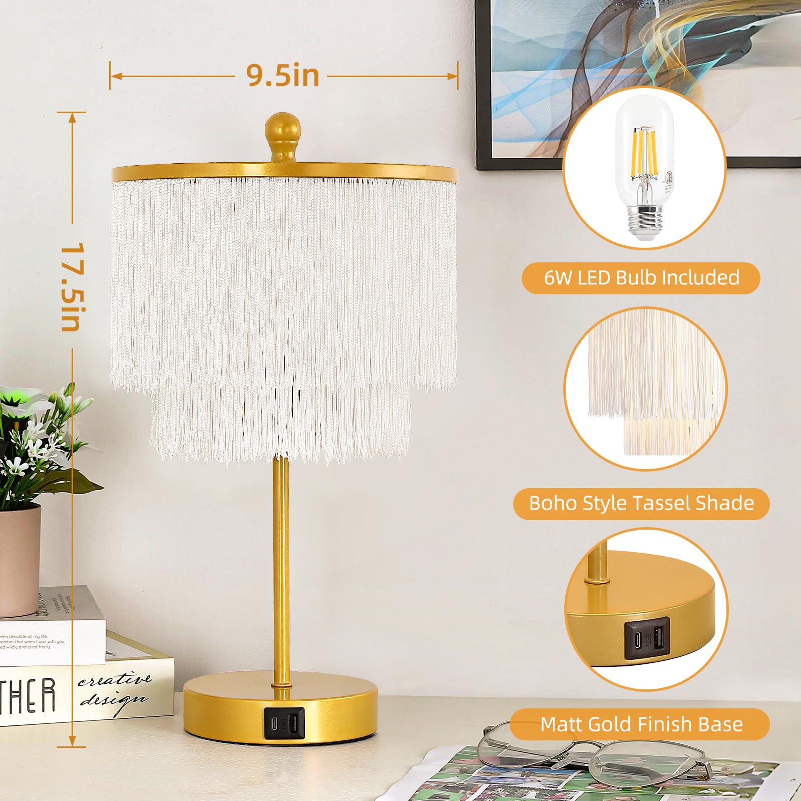 Lovlast Bedside Lamps Set of 2, 3-Way Dimmable Touch with USB Port, White, Model T4564-A