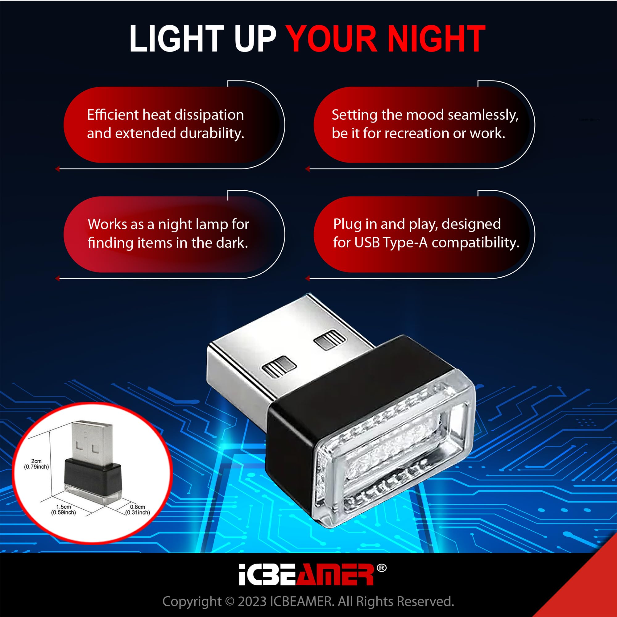 Icbeamer Universal Usb Interface Plug-In Miniature Night Light Led, Color: Yellow | For Car Interior And Trunk Ambient Atmospher