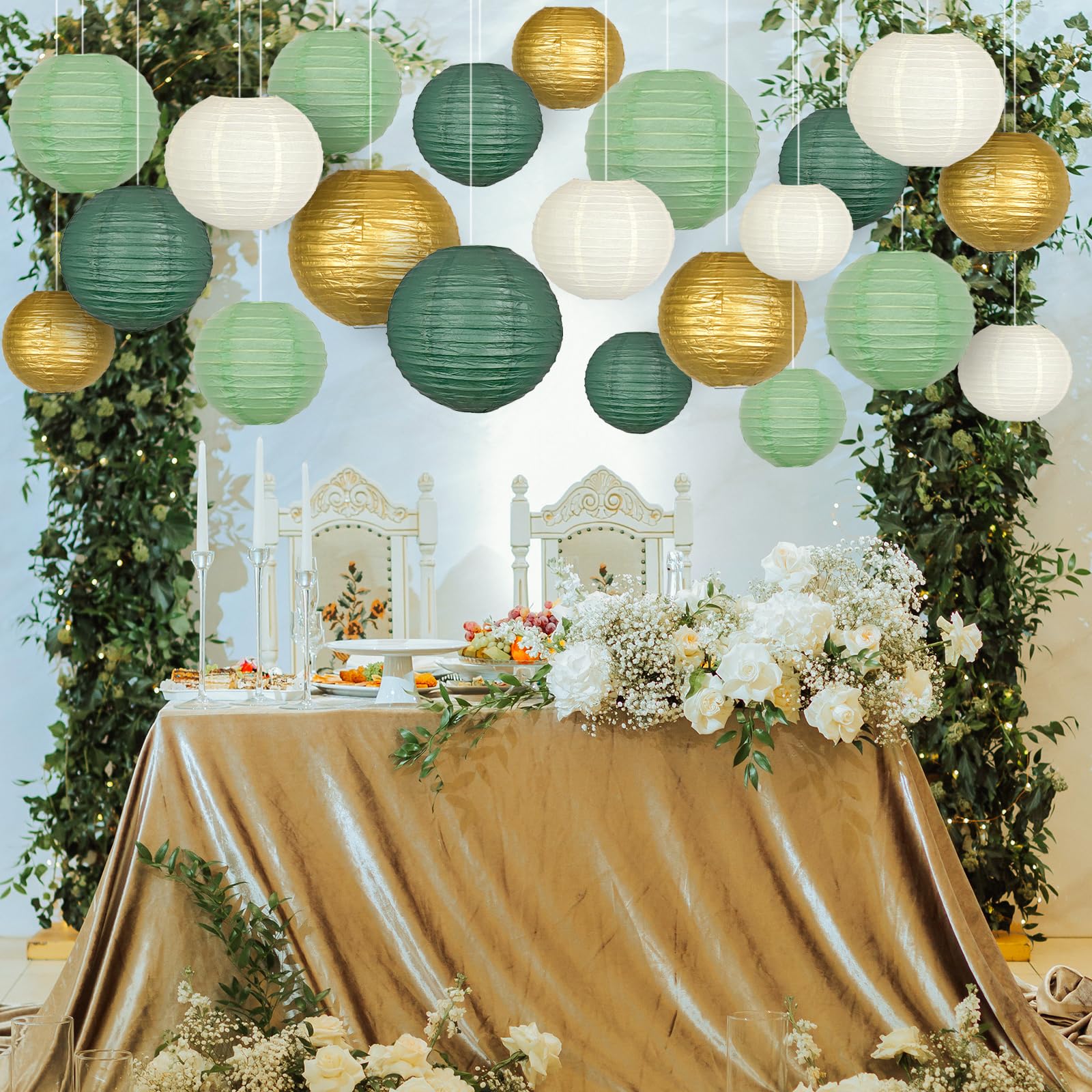 Adlkgg Sage Green Gold Paper Lanterns Decorative, Round Hanging Paper Lanterns For Graduation Wedding Bridal Shower Birthday Par