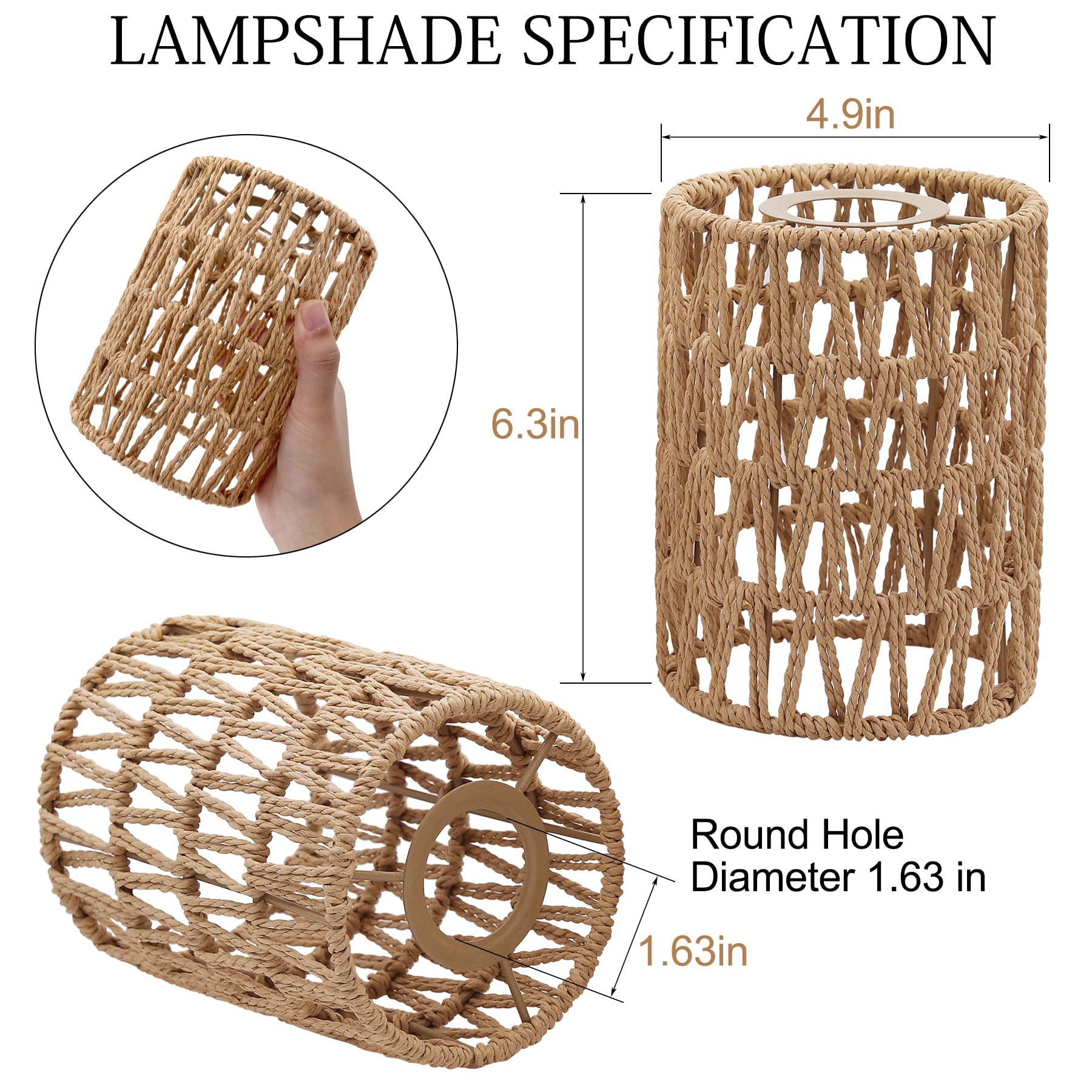 Giutna Boho Rattan Lamp Shades, 3-Pack, 6.3inH x 4.9inD, Yellow Woven Replacement Shades for Pendant, Chandelier, Floor & Wall Lamps