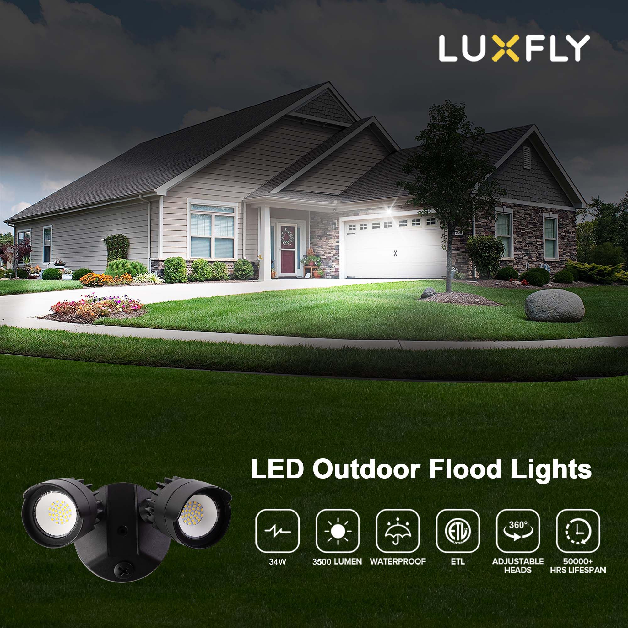 Luxfly 2 Pack Led Flood Lights Outdoor, 34W 3500Lm 5000K Daylight, Ip65 Waterproof Security Lights With 2 Adjustable Heads, Exterior Wall Light For Patio, Garage, Yard (Black-2P)