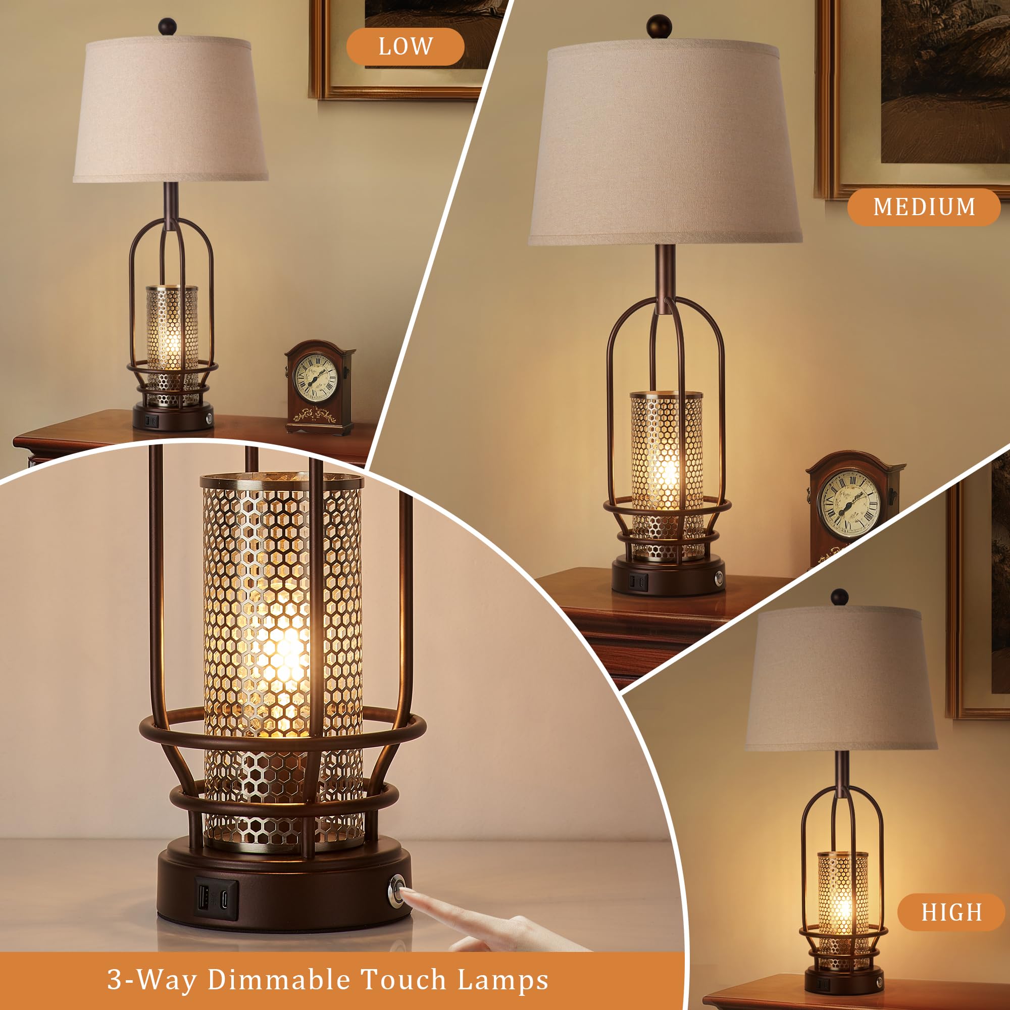 Srjja 28'' Table Lamps For Living Room Set Of 2, Retro Farmhouse 3-Way Dimmable Industrial Touch Bedside Lamps With Usb A+C For