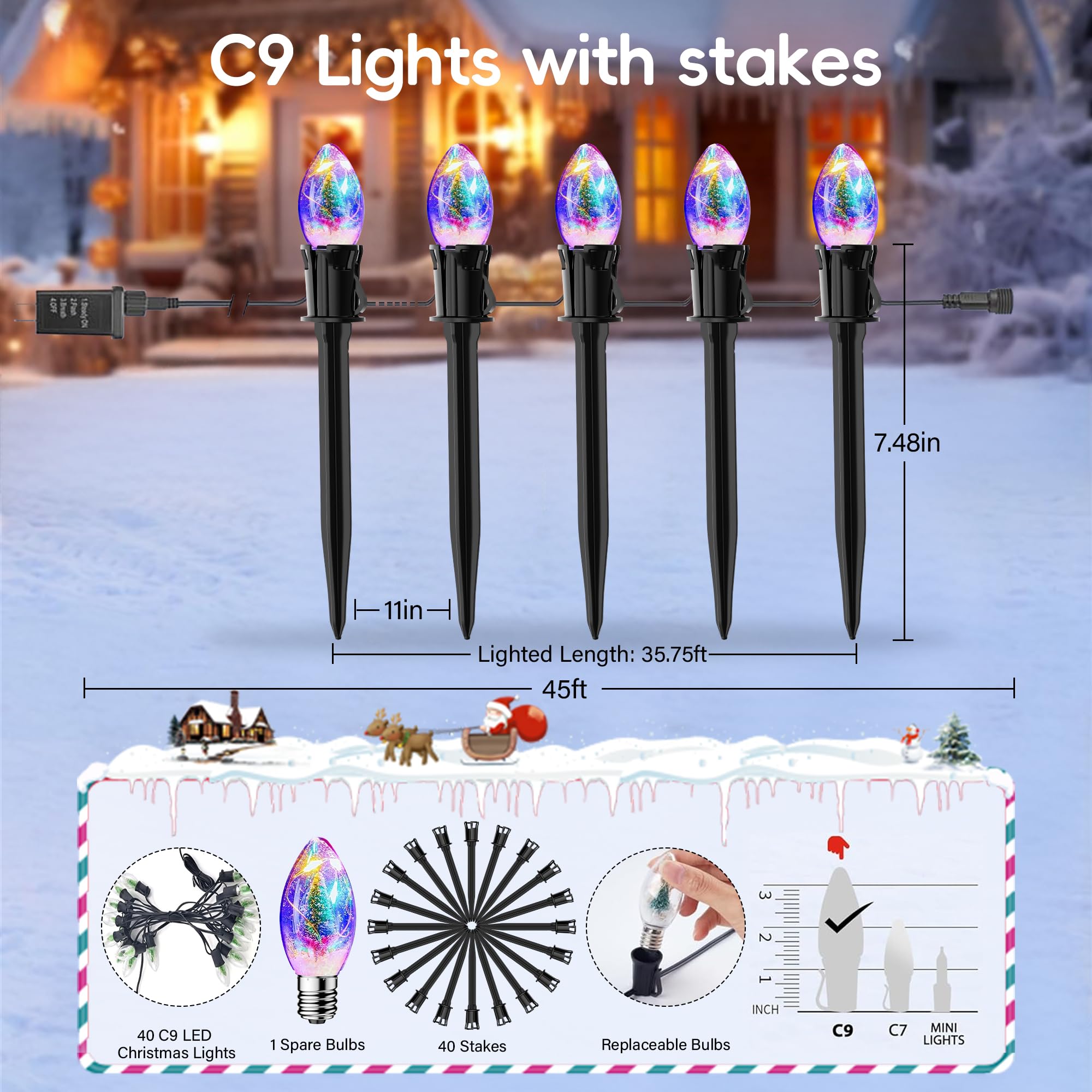 Ajoniam Upgraded 45Ft C9 Christmas Pathway Lights Outdoor, 40 C9 Led Bulbs With Stakes, Extendable Waterproof Christmas Lights F
