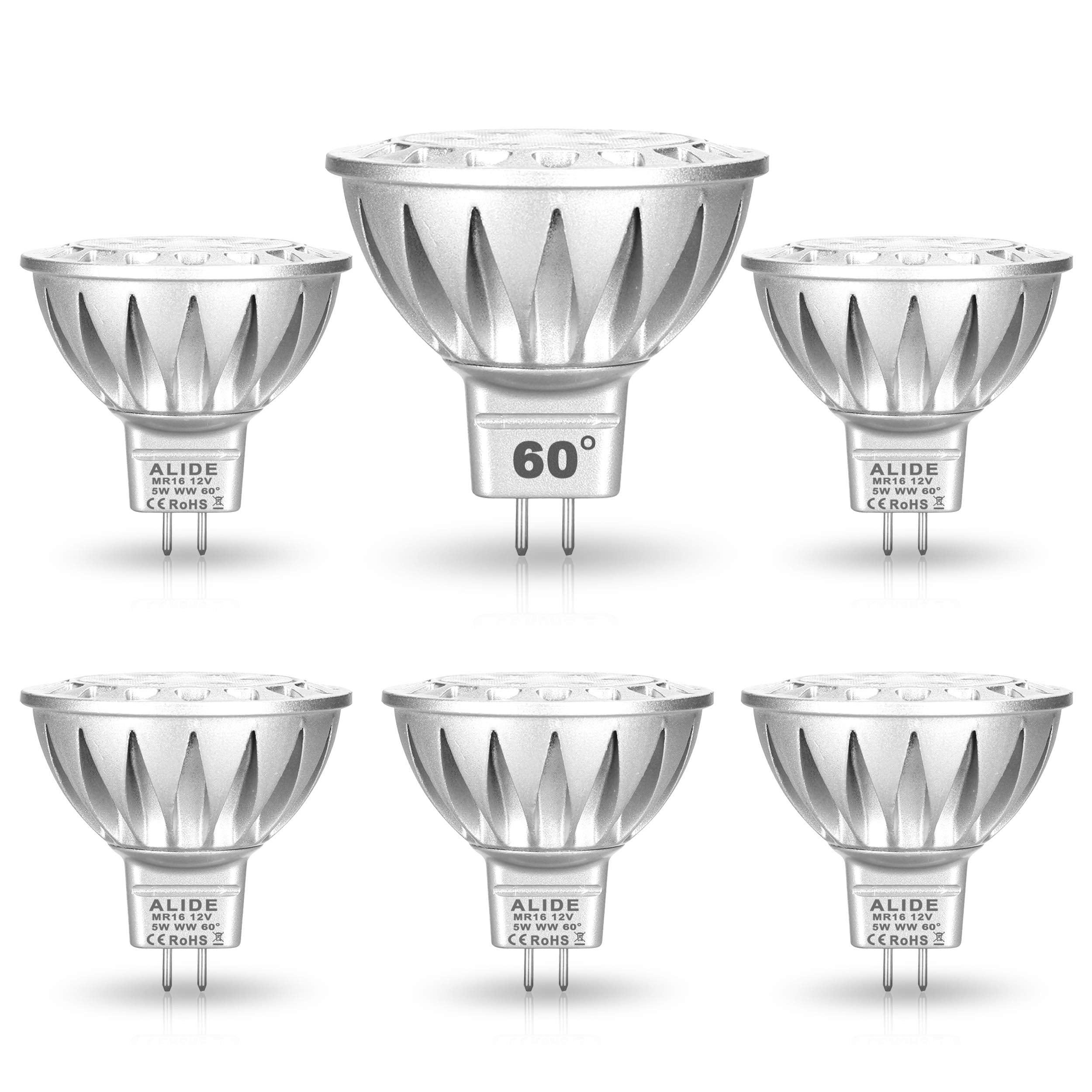 Alide Mr16 Led Bulbs 60 60 Degree Wide Beam Angle,5W Replace 20W 35W Halogen,2700K Soft Warm White,Low Voltage 12Volt Mr16 Gu5.3
