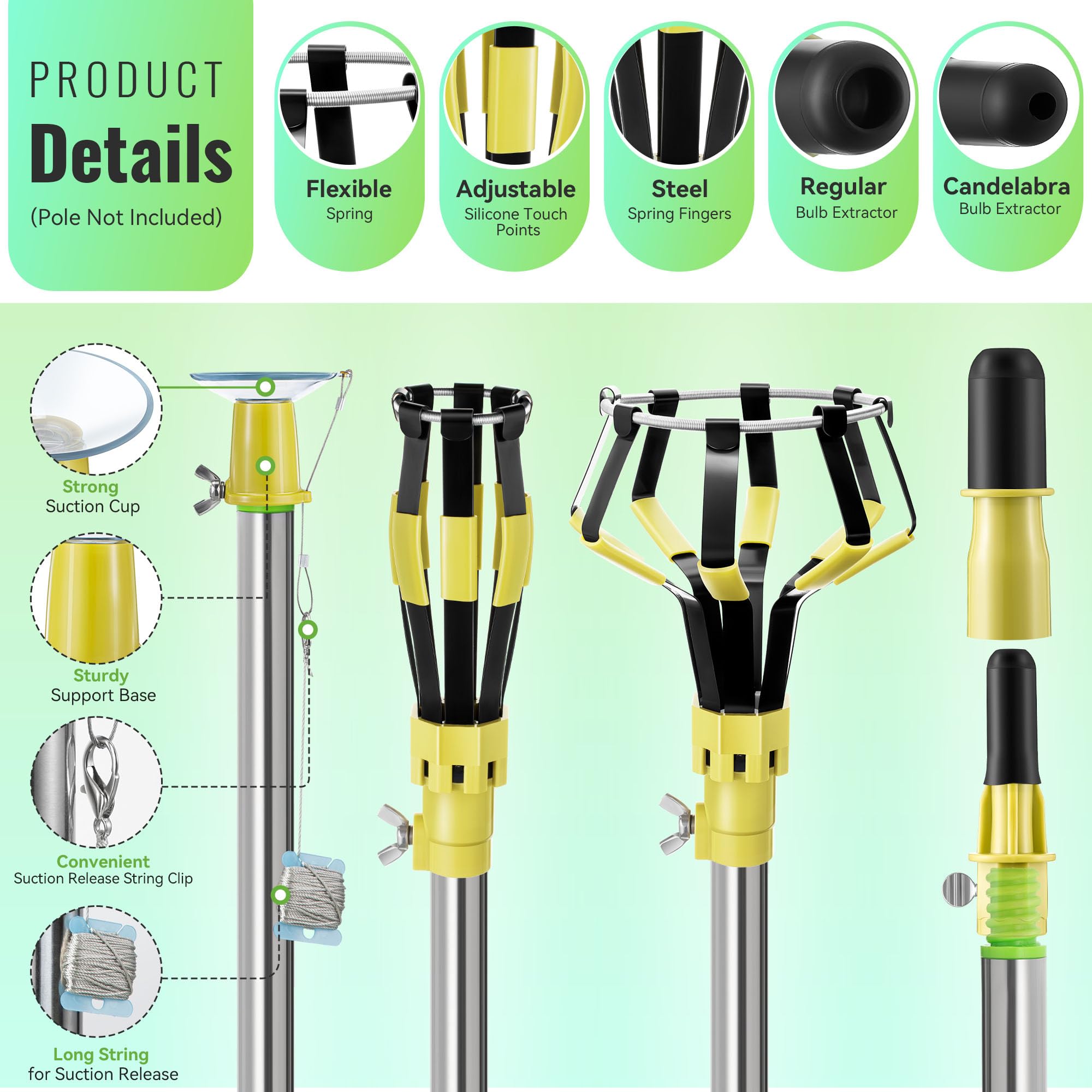 Dreyoo 4 Pieces Set Light Bulb Changer  Suction Cup And Cage Changer For Incandescent  Floodlight  Broken Bulb And Recessed Lights  Compatible With Standard Extension Pole  Pole Not Included (Yellow)