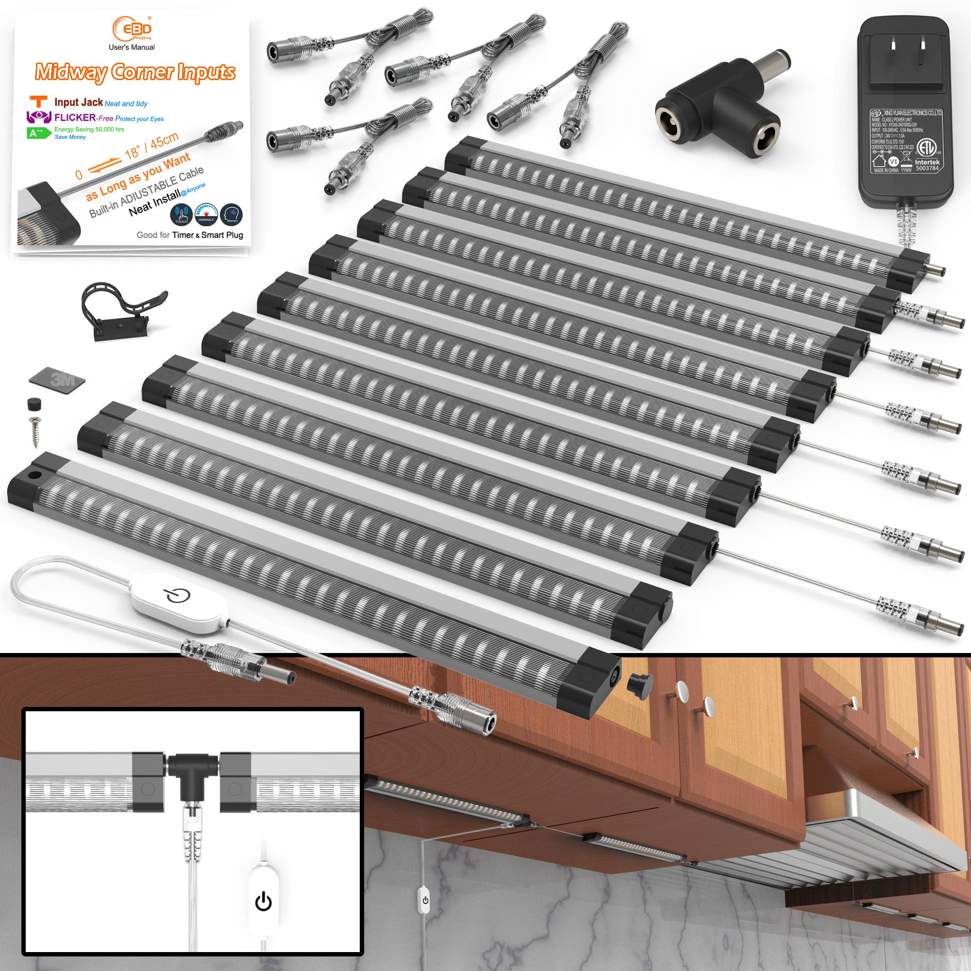Ebd Led Under Cabinet Lighting For Kitchen Built-In Adjustable Cable & Mid Input Jack Bookshelf Plug In Light Bar 9 Pcs 4050 Lm 3000K Ultra Bright For Timer Smart Plug Alexa Google Assistant & Siri
