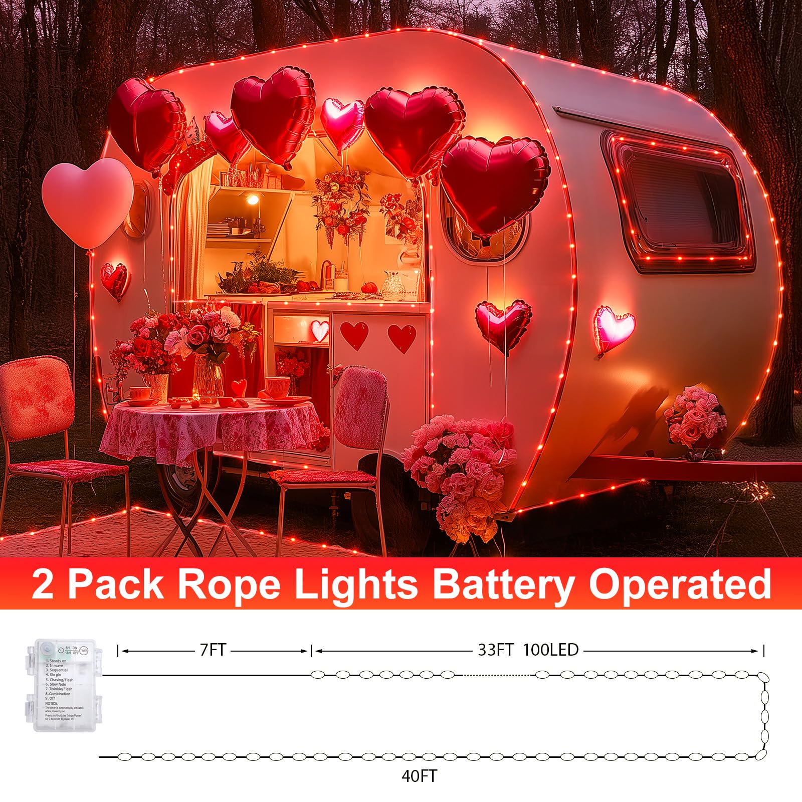 Minetom 2 Pack String Lights Battery Operated, Total 66Ft 200 Led Valentine Lights Battery Operated With Timer, 8 Mode, Waterproof Rope Lights For Outside Bedroom Indoor Valentine'S Day Decoration,Red