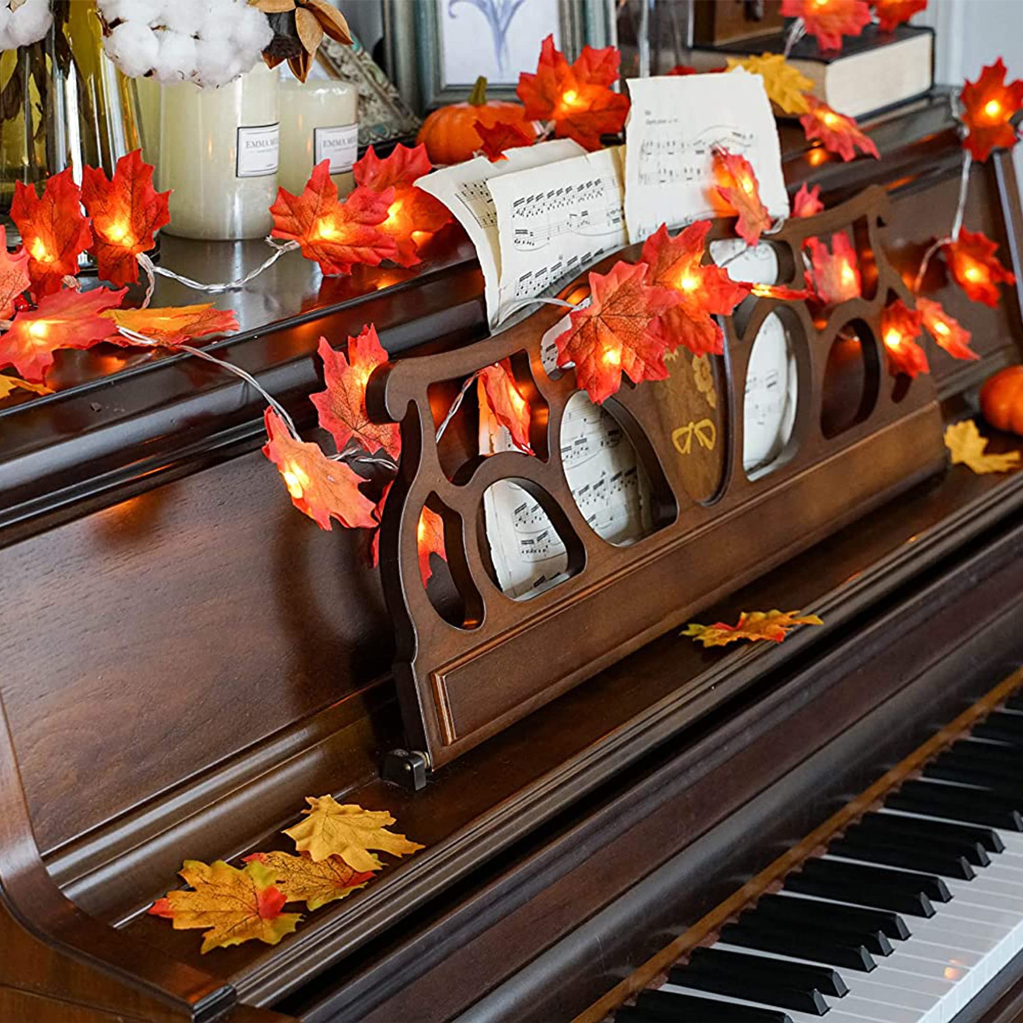 JamBer LED Maple Leaf Garland Lights, 20 Leaves, 7.4 Feet, Waterproof, Battery Powered, Large, Original