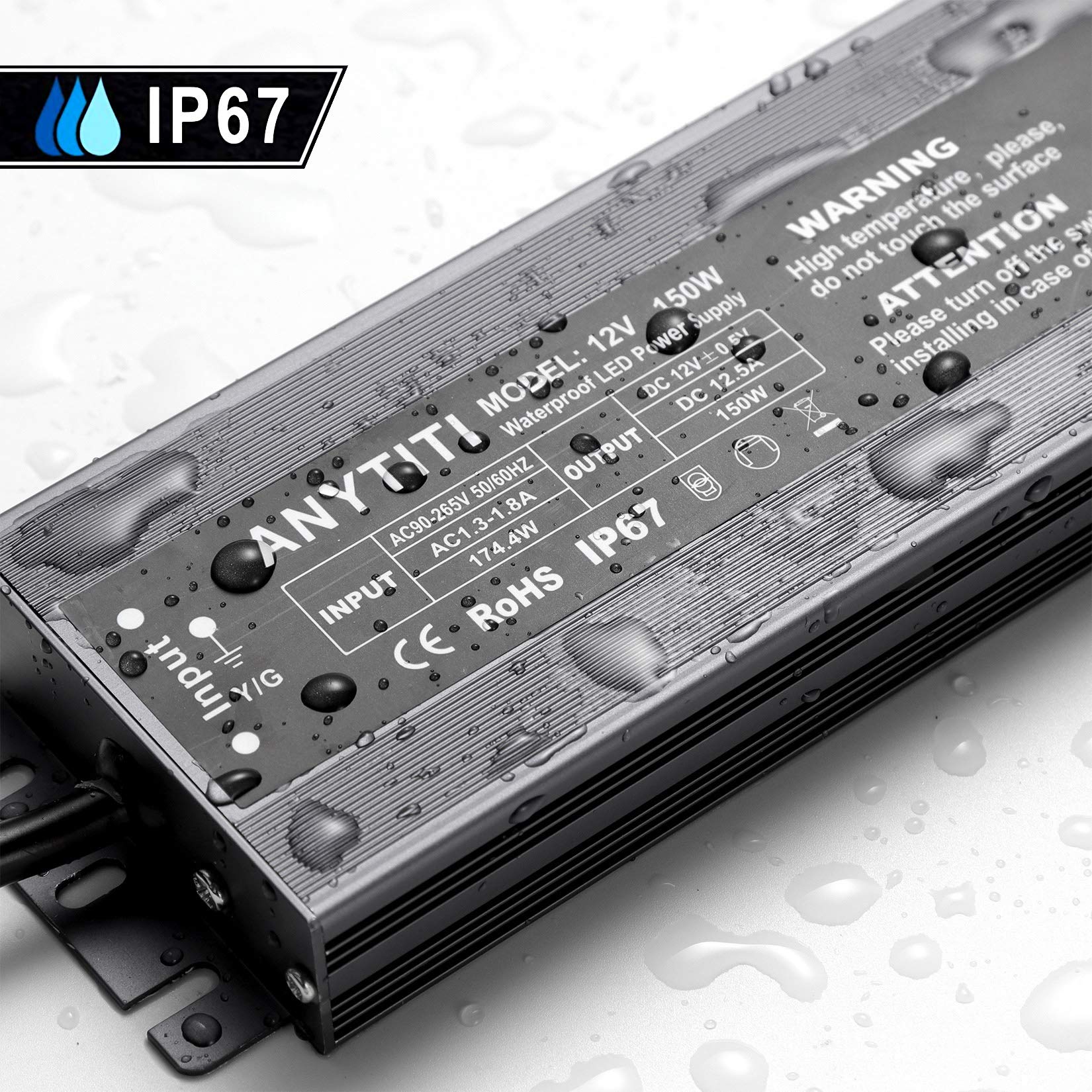 ANYTITI LED Driver,LED Power Supply IP67 Waterproof Output 150W DC12V 12.5A 3-Prong Plug 4.5feet