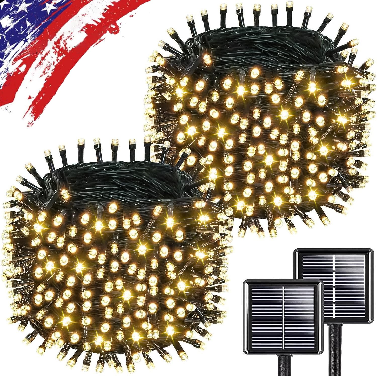 KAQ Solar String Lights 600LED 210FT Waterproof 8 Modes Green Wire 2Pack Warm White