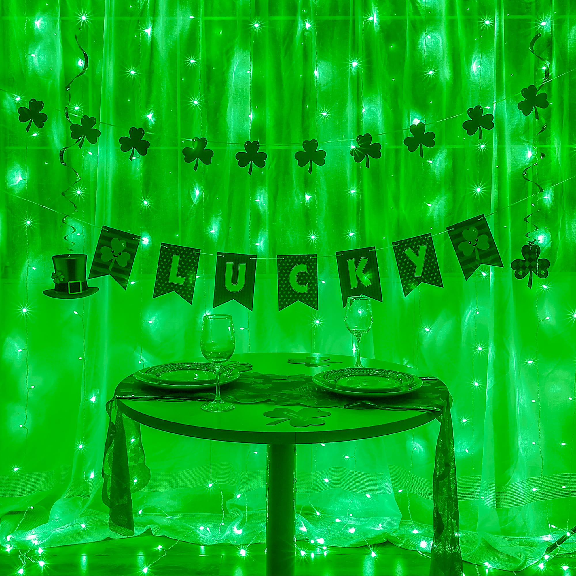 oopswow 304 LED Curtain Lights, Green Fairy String Lights with 8 Modes for Outdoor, Wedding, Christmas, Bedroom Decor, Model QX-U-O-C-304-1-G-C