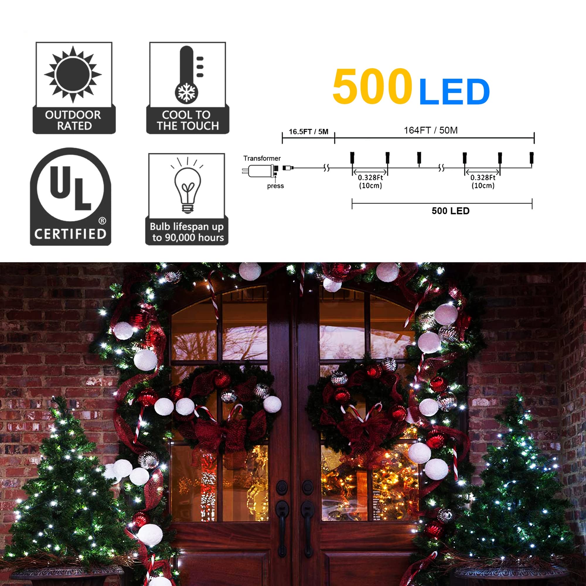 weillsnow 500 LED Christmas Lights, Waterproof, 164FT, White, Model HB-500COI, Indoor Outdoor Decoration