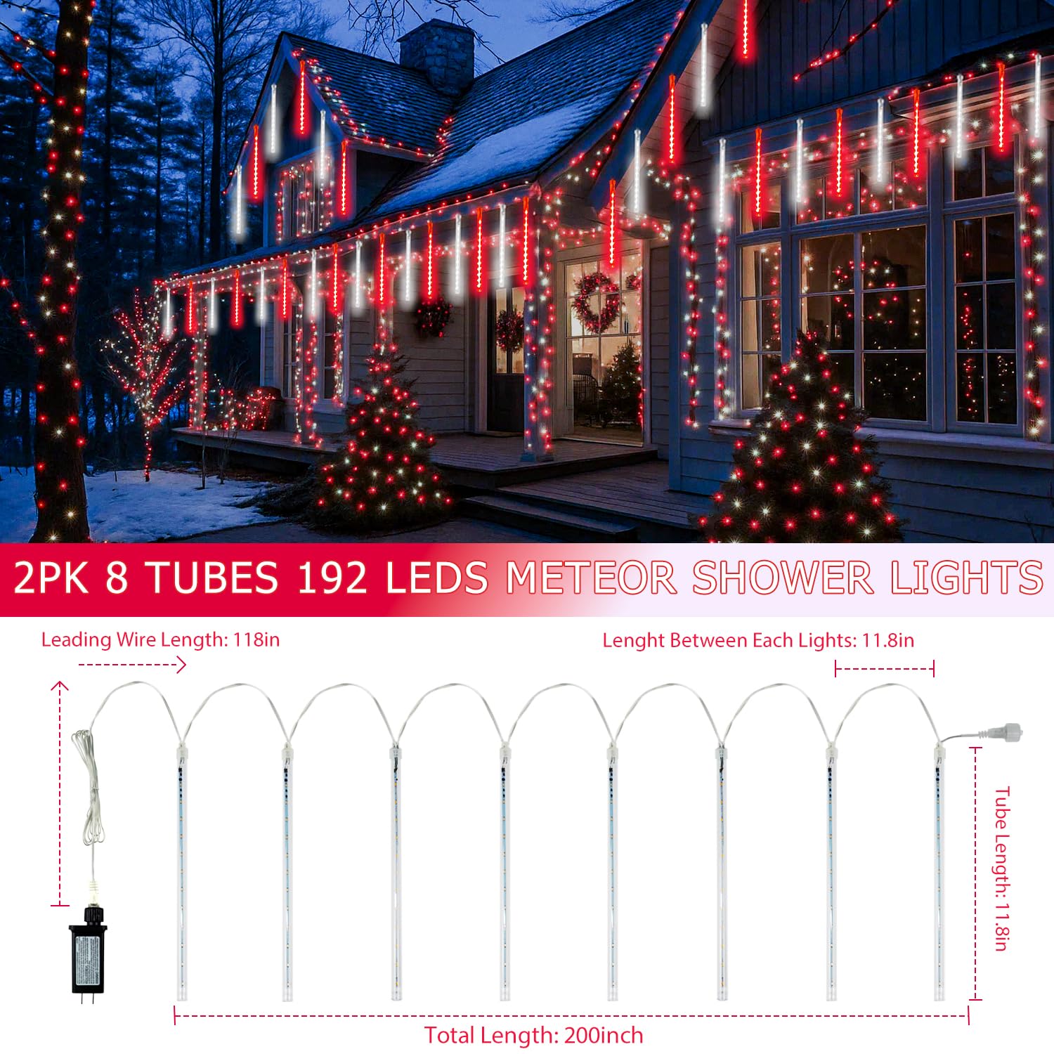 2-Pack Extendable Meteor Shower Christmas Lights Outdoor  16 Tubes 384 Leds Waterproof Falling Rain String Lights  Christmas String Lights Outdoor For Tree Garden Holiday Decorations (Red And White)
