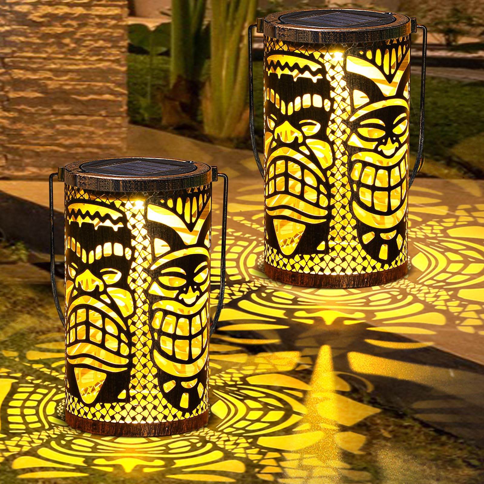 Glooglitter 2 Pack Tiki Solar Lanterns Tiki Bar Light Decor Hawaiian Tropical Luau Party Decorations Outdoor Waterproof Hanging 