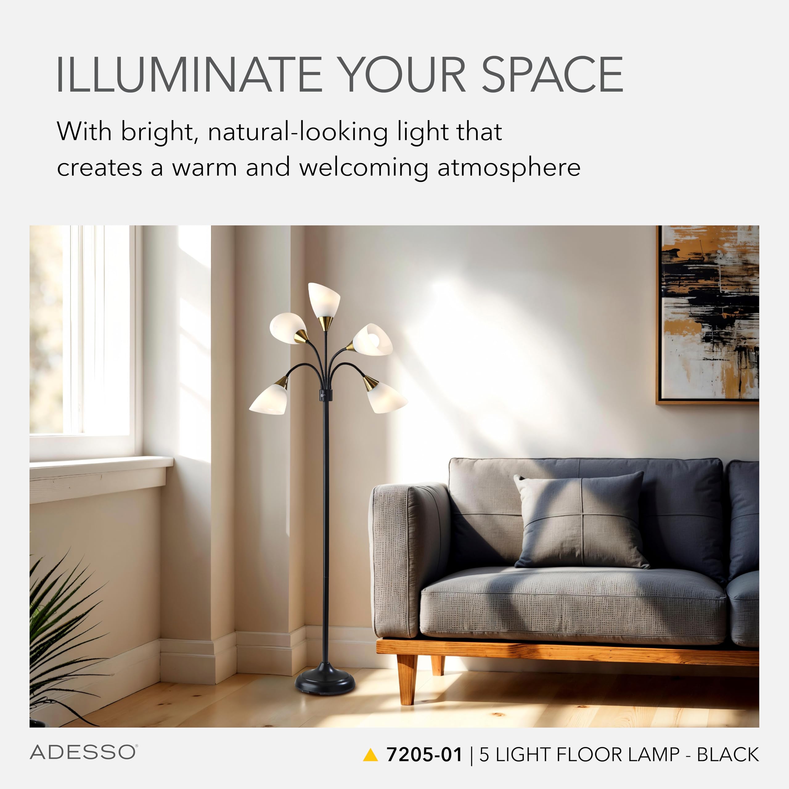 Adesso Floor Lamp With 5 Movable Shades, Adjustable Brightness, Black, Model 7205-22, Ideal For Bedroom Decor & Art Studios