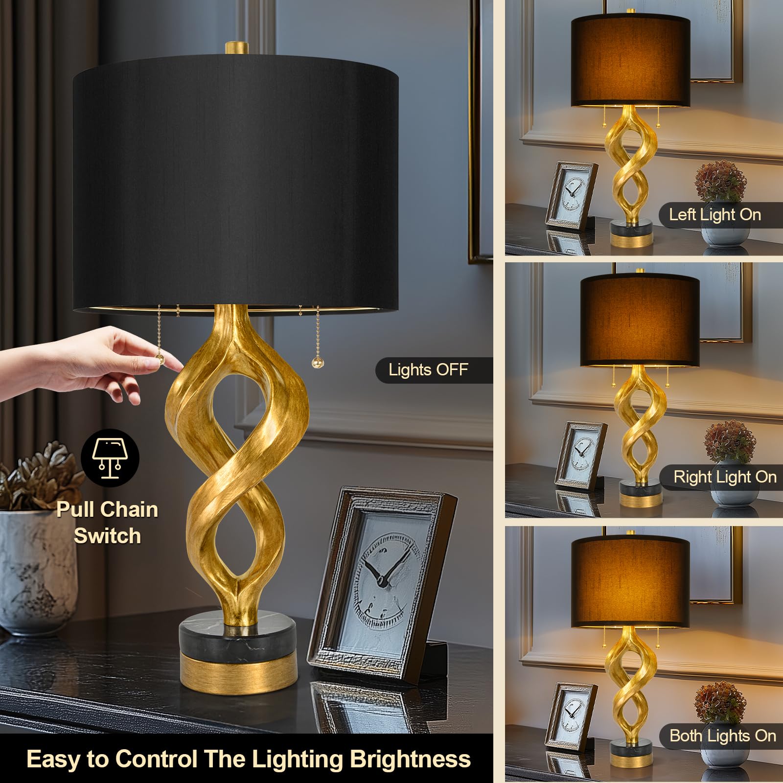 Sculptural Table Lamp Set Of 2 For Bedroom, 26    Gold Leaf Farmhouse Bedside Lamps For Living Room, Pull Chains Switch Rustic N