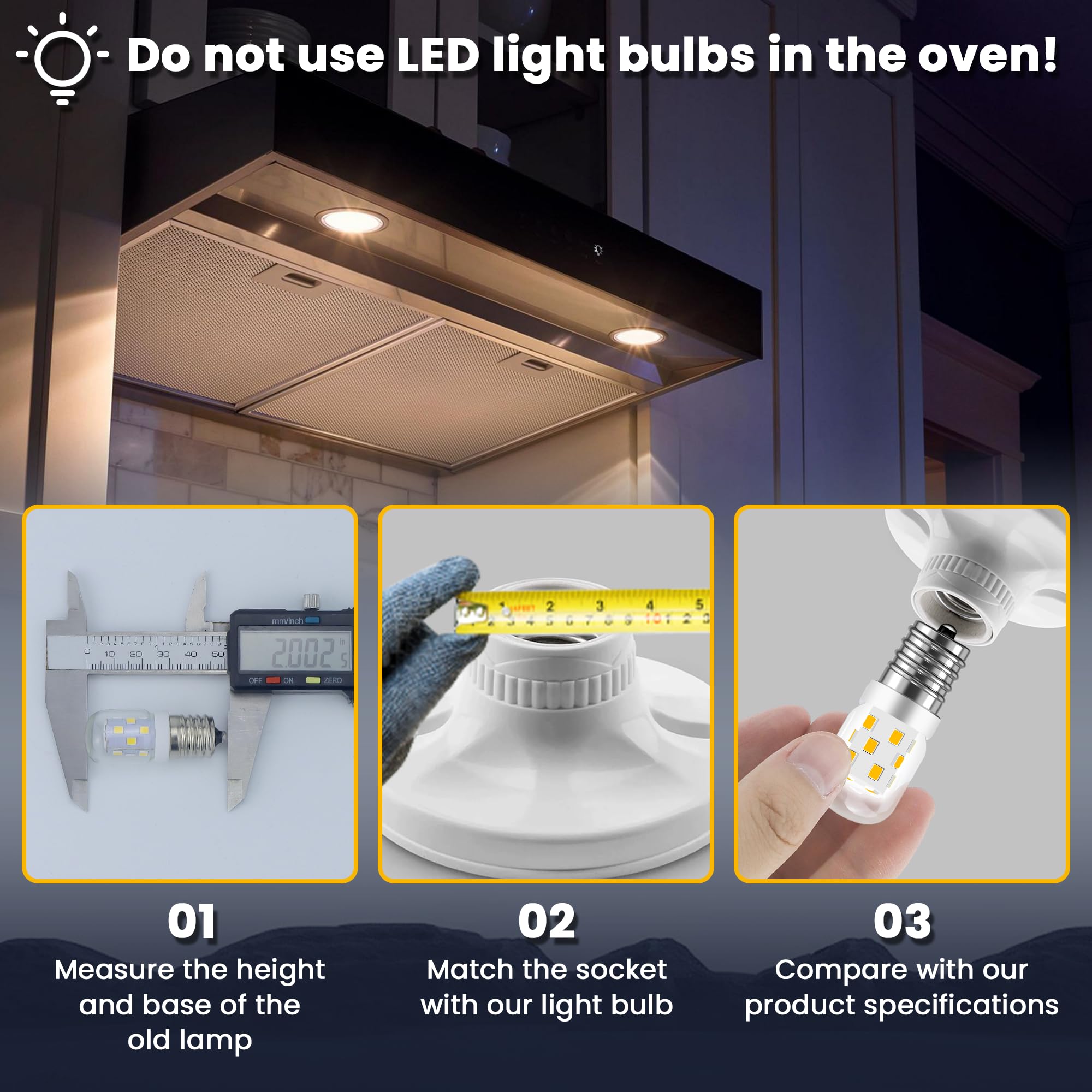 AMI PARTS E17 LED Light Bulb 3W 380LM 3000K Daylight Warm - 2 Pack, Yellow, Non-dimming for Microwaves & Refrigerators