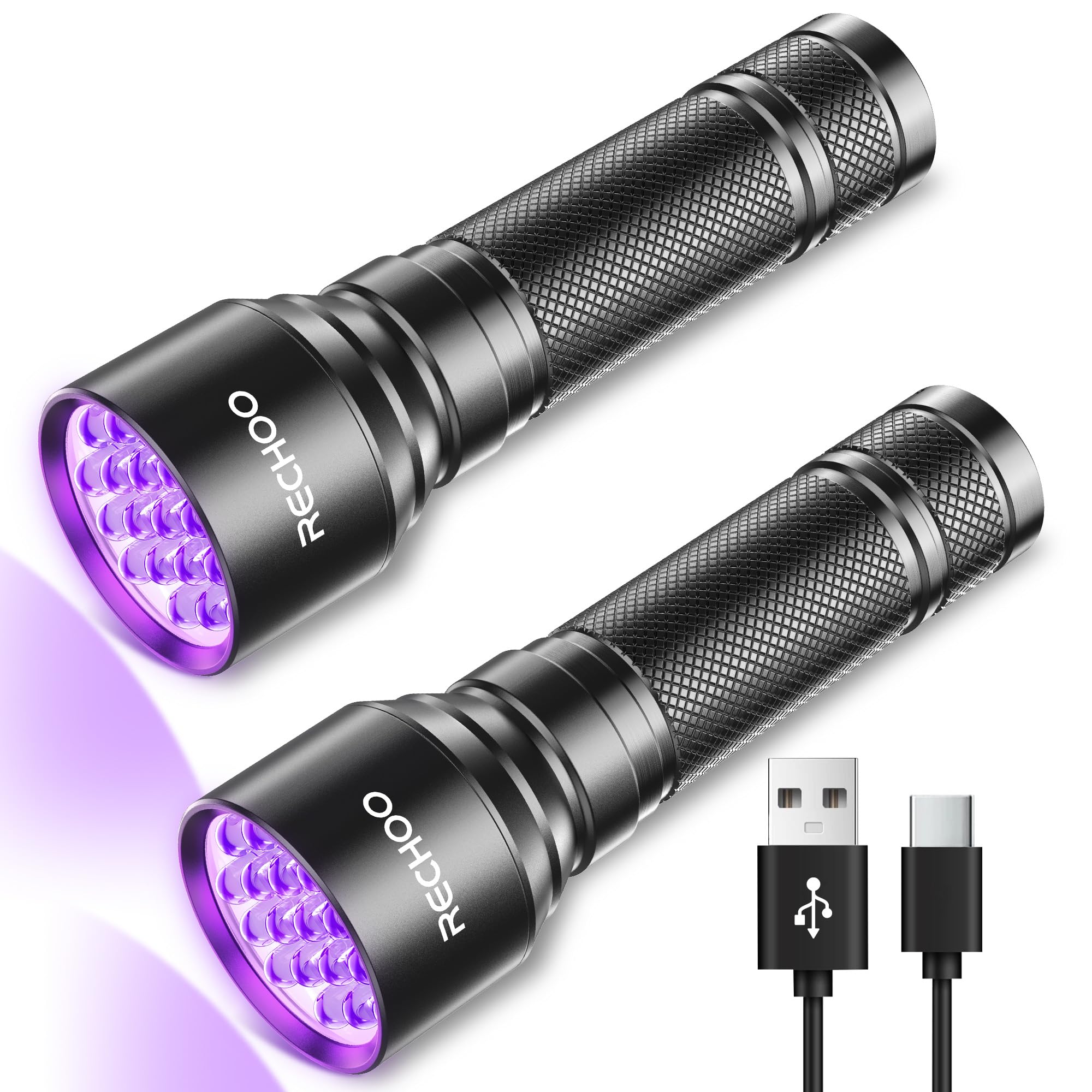 RECHOO UV Flashlight Black Light, 21 LED 395nm, Rechargeable, Waterproof, 2 Pack, Black, Model SU001