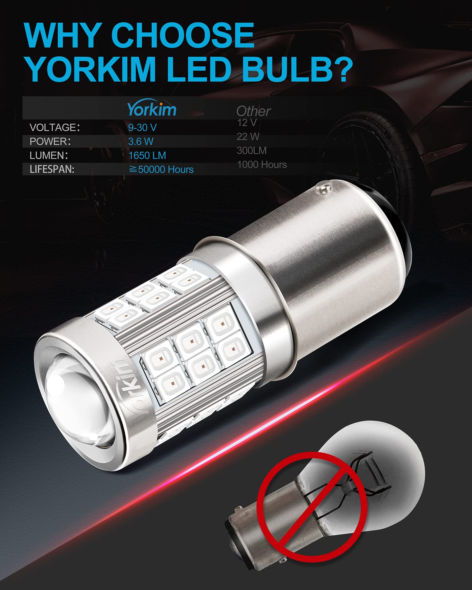 Yorkim 1157 LED Brake Light Bulbs, Red, Pack of 2, 1157 Size, BAY15D Replacement for Stop and Tail Lights