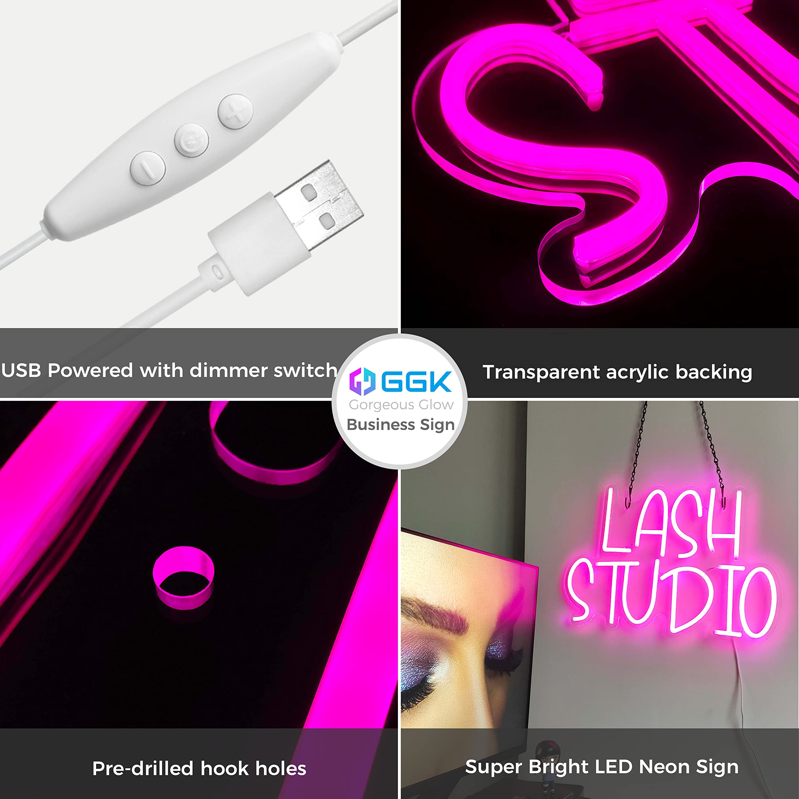 Ggk Lash Studio Neon Sign - Led Light Decor For Lash Lounge & Beauty Salon