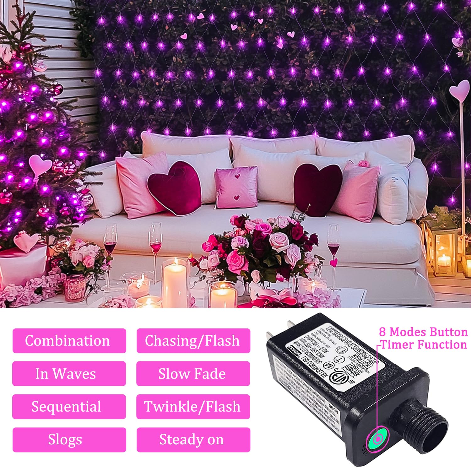 JMEXSUSS 200 LED Net Lights Outdoor, Waterproof Pink Mesh Lights, 8 Modes, 9.8ft x 6.6ft, Model EXS-N-0200