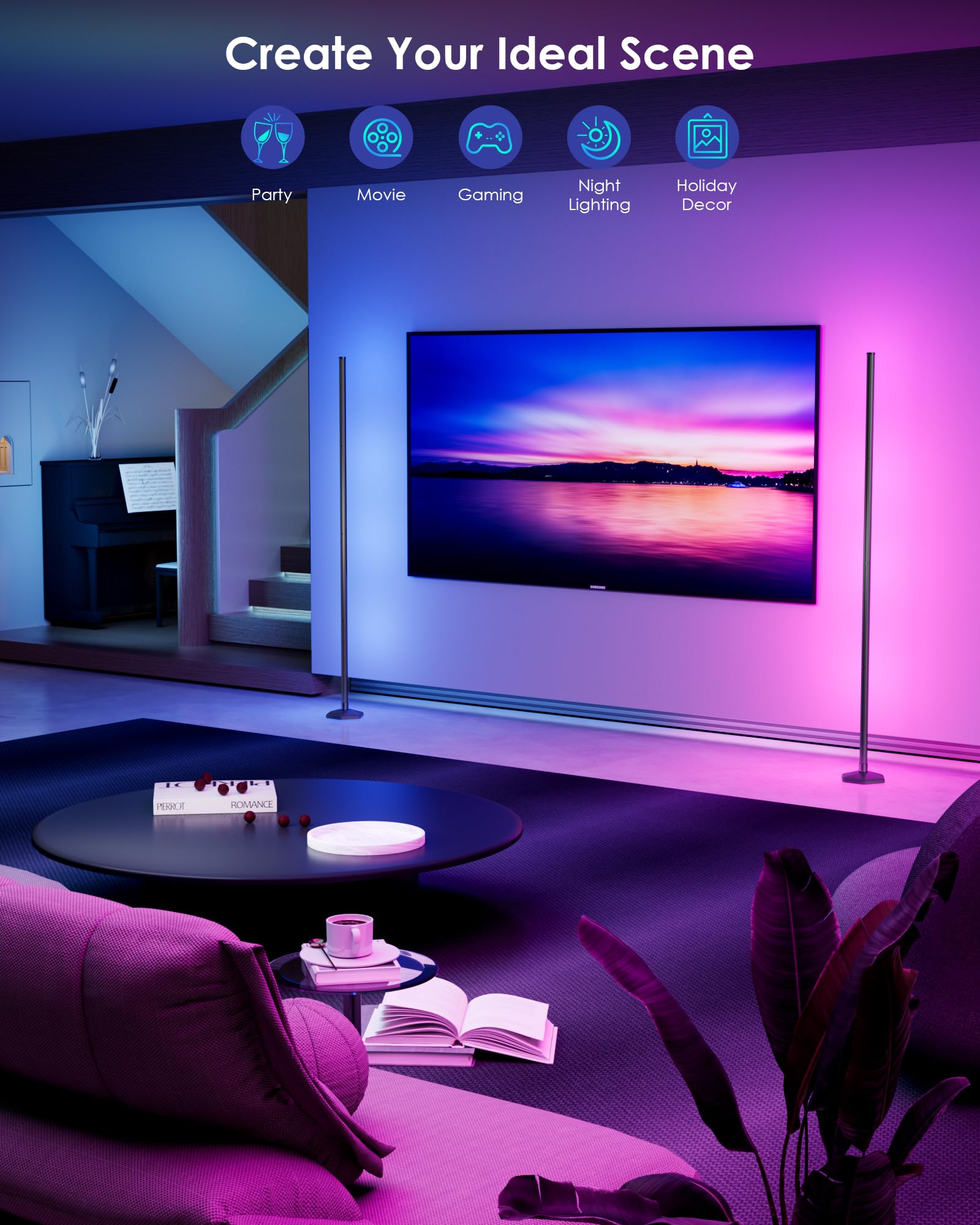 boostool RGB LED Corner Floor Lamp with Remote Control, 65in Color Changing Mood Light, Model QJD-SKS, 1-Pack