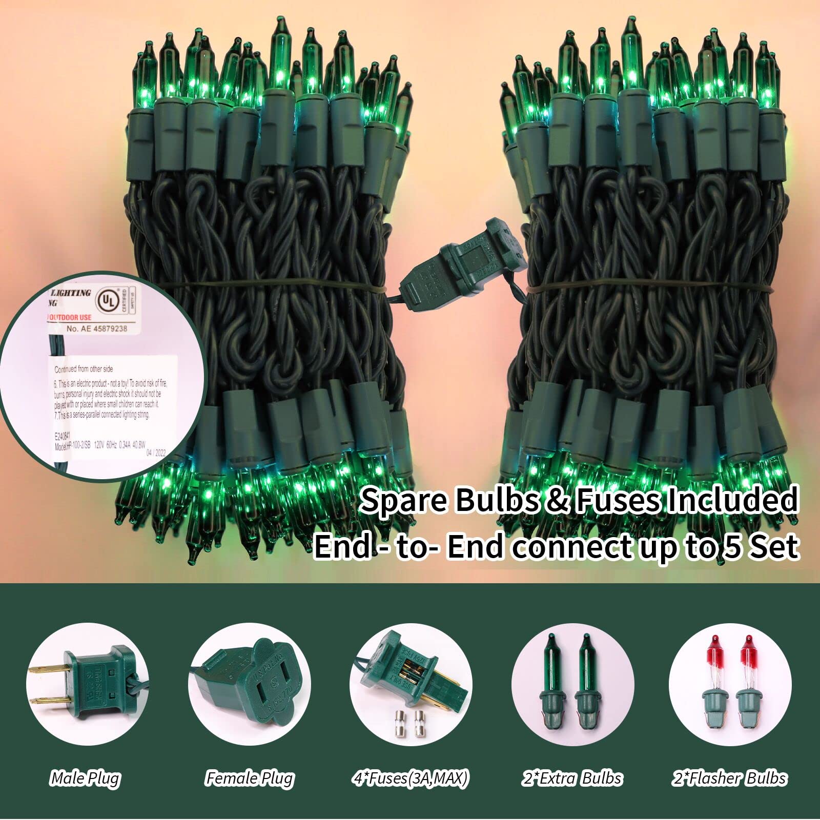 Lamphome Super-Bright Extendable Green Christmas Lights Decoration 100Lights 19.6Ft Ul Certified Mini Bulb String Lights Set For Outdoor Christmas Tree Garden Holiday Party Patio Wedding Garland Decor