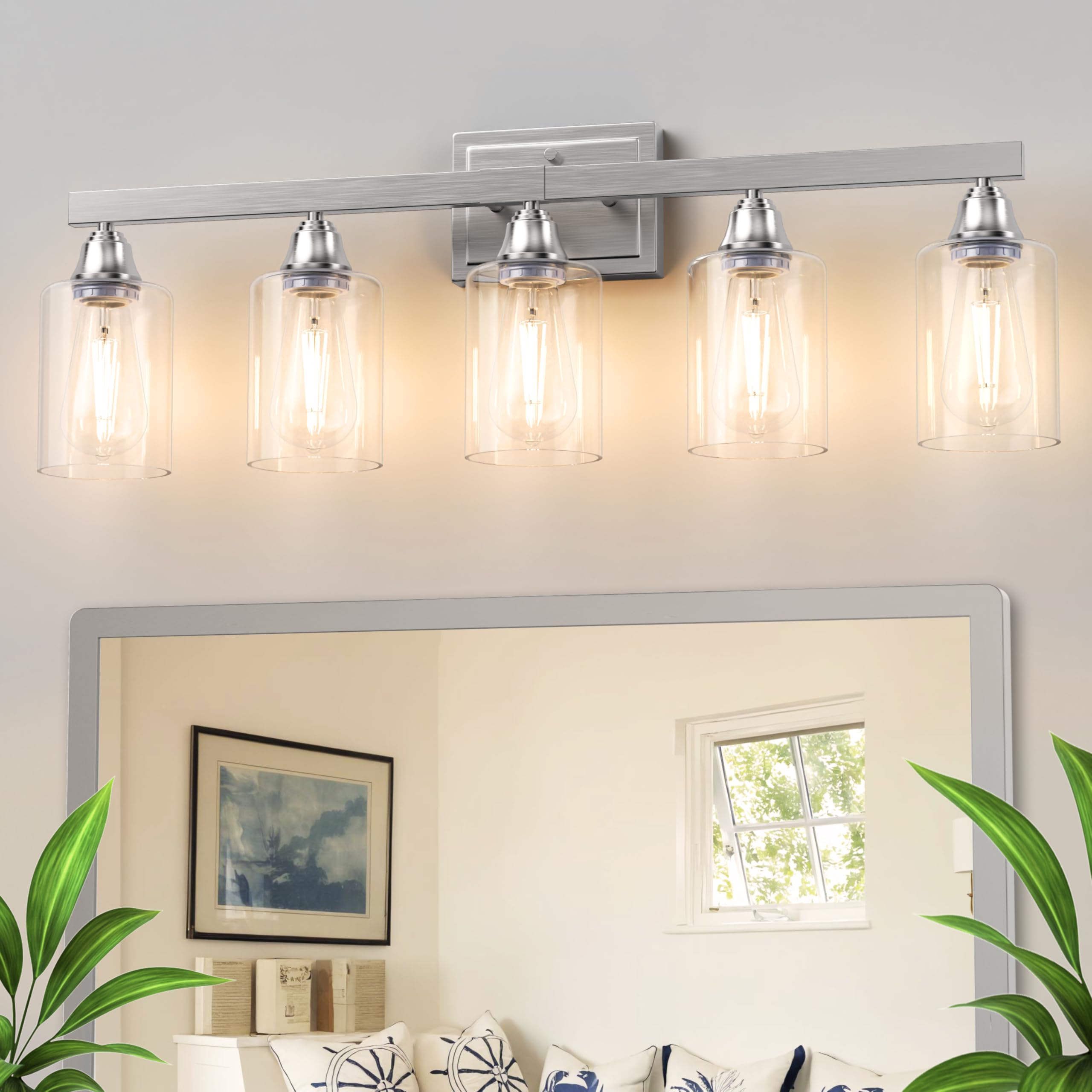 Volisun 5-Light Bathroom Light Fixtures, Brushed Nickel Bathroom Vanity Light Over Mirror, Modern Vanity Light For Bathroom, Bat