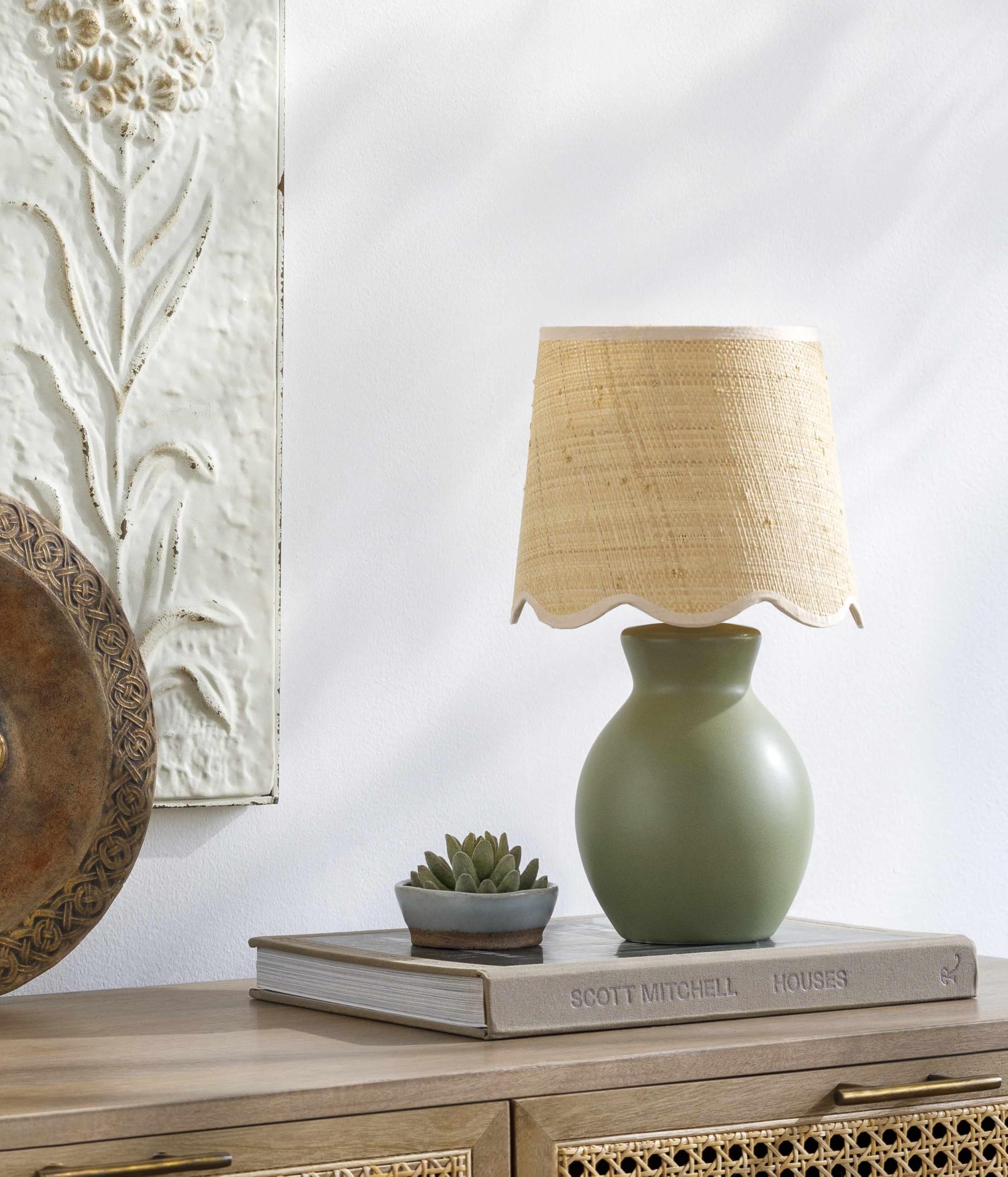 BoutiqueRugs Boho Ceramic & Jute Bedside Table Lamp - 15inH, Green, Beige, Model SPXZVA6